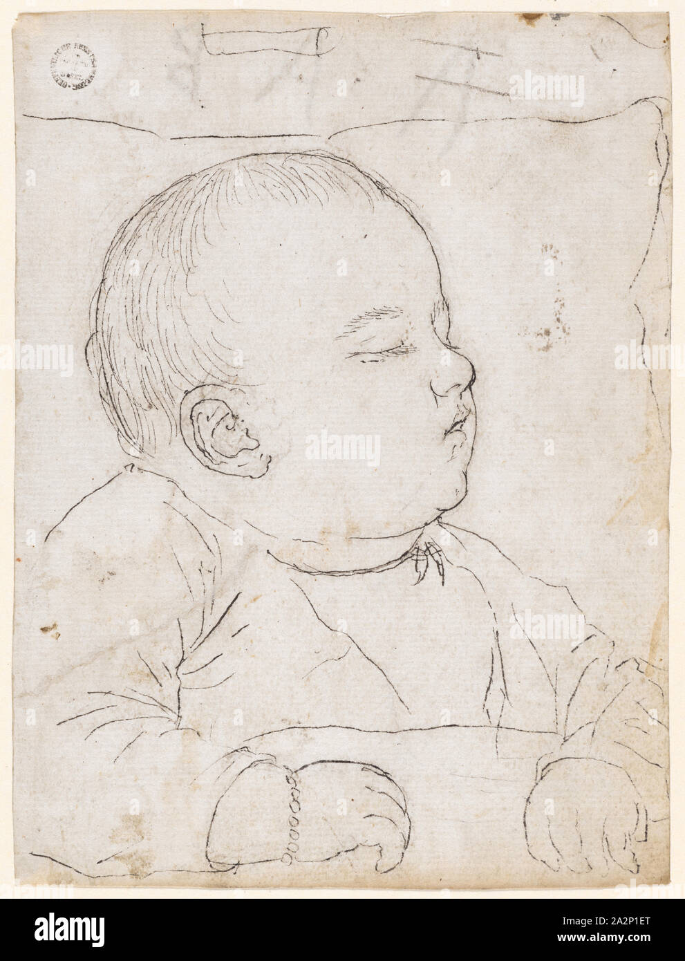 Schlafendes Kind, Stift in Schwarz, über vorläufige Zeichnung mit graphitstift, Blatt: 14 x 10,5 cm, Nicht markiert, Hans Hug Kluber, Basel 1535/36 - 1578 Basel Stockfoto