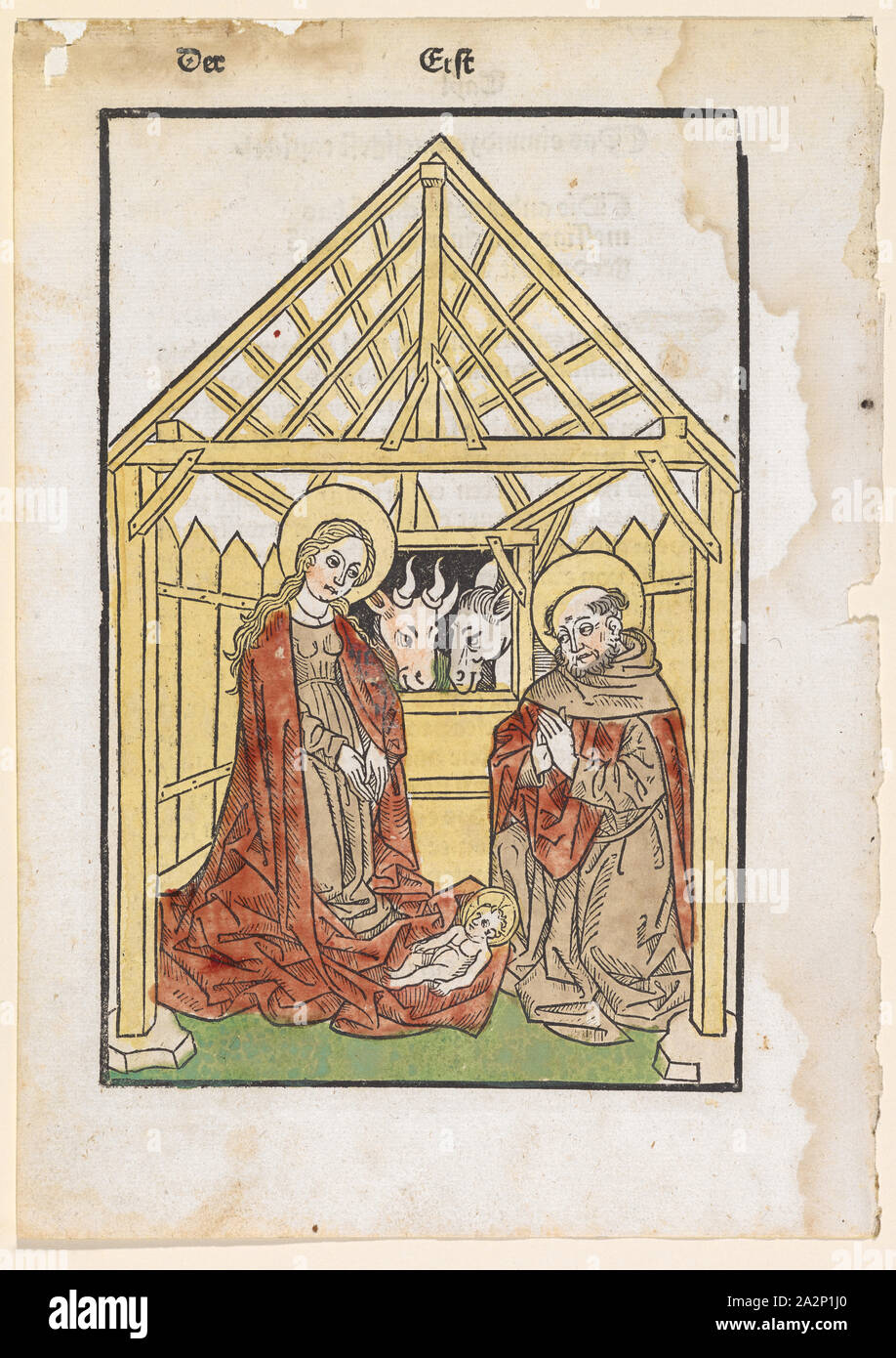 Christi Geburt, 2. Hälfte des 15. Jahrhunderts, Holzschnitt, gefärbt, Blatt: 24,6 x 17,5 cm |, Bild: 19,8 x 13 cm, O. bezeichnet: Die erste, verso: Text, Anonym, Deutschland (Ulm), 2. Lehrwerk 15. Jh Stockfoto