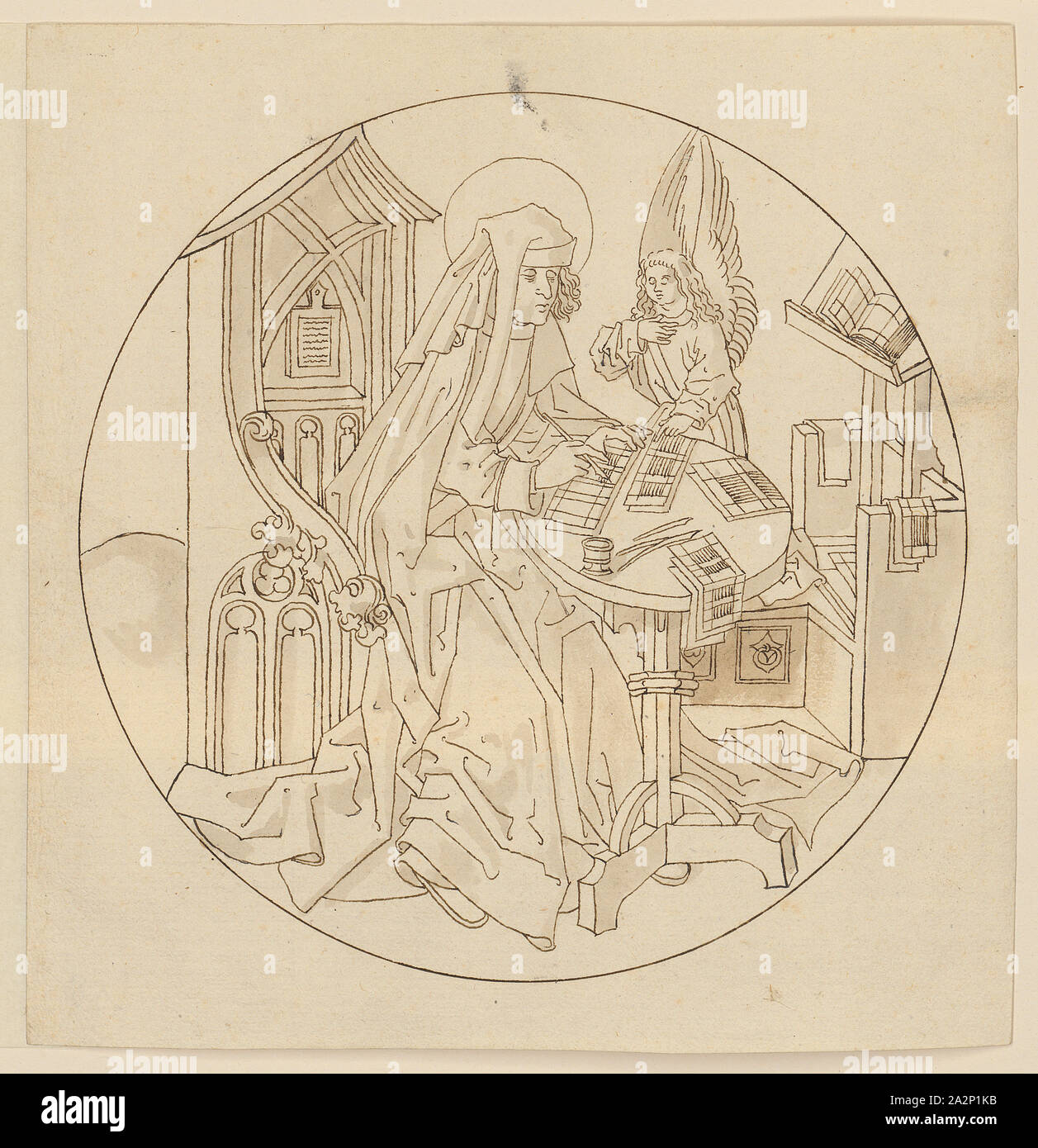 Der Evangelist Matthäus, Anfang des 16. Jahrhunderts, Feder in Braun, Grau-Braun gewaschen, Seite: 19,7 x 19 cm |, Bild: 17 cm, Nicht markiert, Anonym, Oberrhein (Basel), Anfang 16. Jh Stockfoto