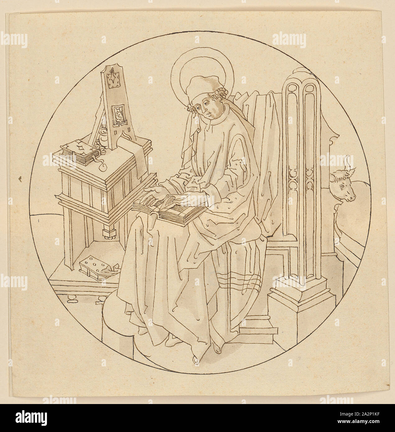 Der Evangelist Lukas, Anfang des 16. Jahrhunderts, Feder in Braun, Grau-Braun gewaschen, Blatt: 19,1 x 18,8 cm |, Bild: 17 x 12 cm (Durchmesser), nicht markiert, Anonym, Oberrhein (Basel), Anfang 16. Jh Stockfoto