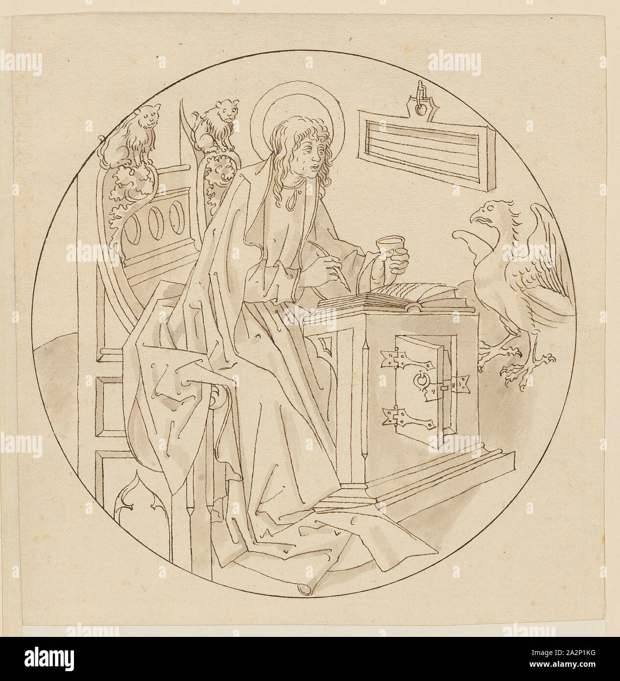 Der Evangelist Johannes, Anfang des 16. Jahrhunderts, Feder in Braun, Grau-Braun gewaschen, Seite: 19 x 18,2 cm |, Bild: 17 x 12 cm (Durchmesser), nicht markiert, Anonym, Oberrhein (Basel), Anfang 16. Jh Stockfoto