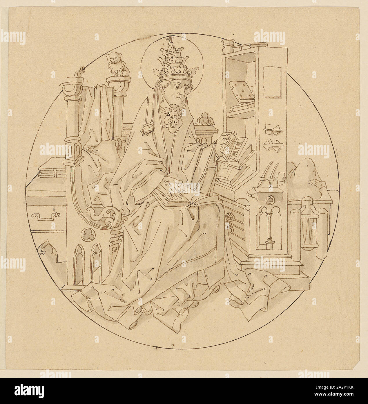Der hl., Papst Gregor als Kirche Vater, Anfang des 16. Jahrhunderts, Feder in Braun, Grau-Braun gewaschen, Seite: 19,3 x 19 cm |, Bild: 16,8 cm (Durchmesser), nicht markiert, Anonym, Oberrhein (Basel), Anfang 16. Jh Stockfoto