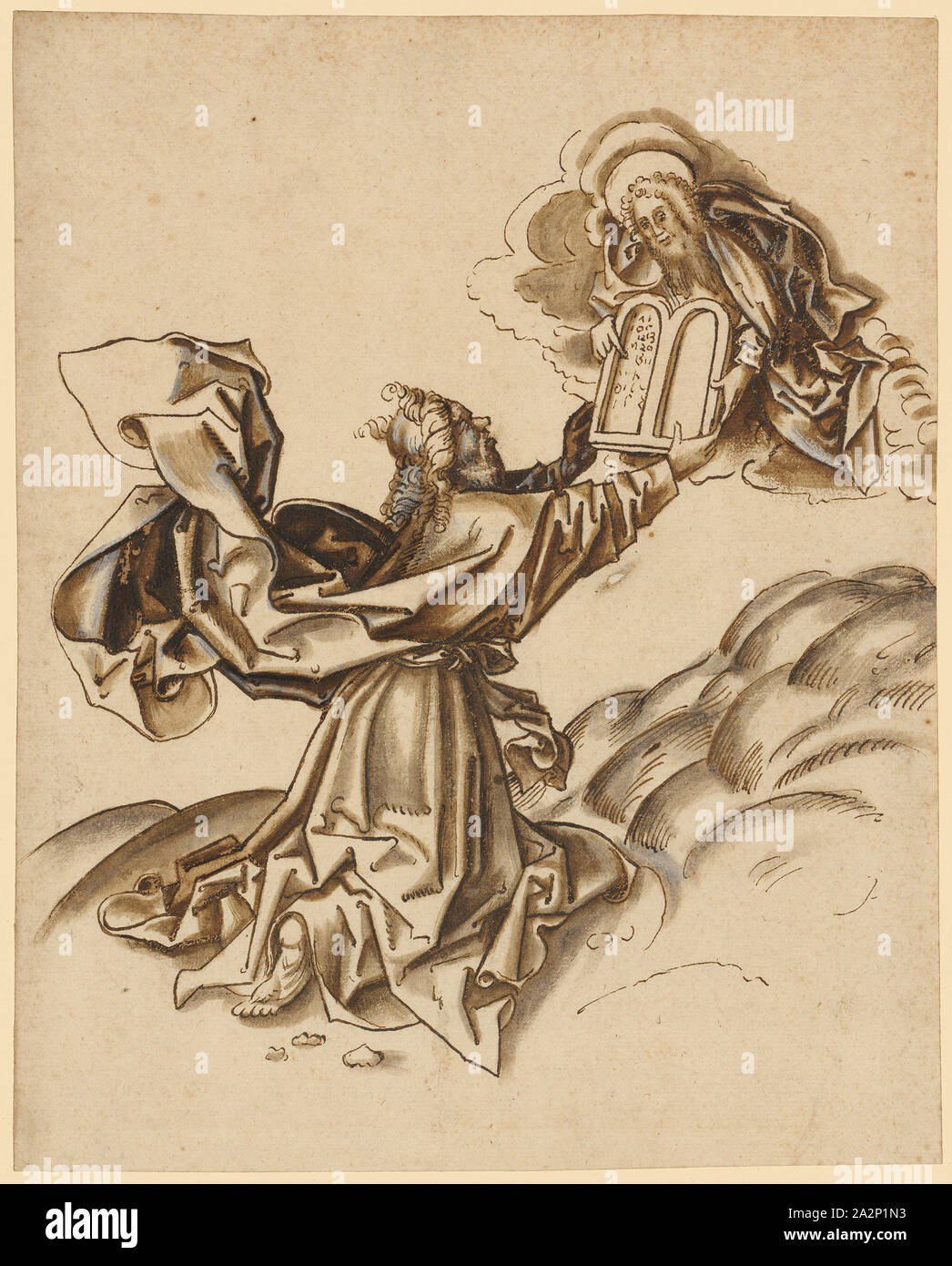 Mose empfängt die Tafeln des Gesetzes, C. 1490, Feder in Braun, Braun und Grau gewaschen, mit weissen Blatt erhöht: 25,7 x 20,6 cm, unsigniert, Hans Holbein d. Ä., (Werkstatt/Workshop), Augsburg um 1460/65 - 1524 Stockfoto