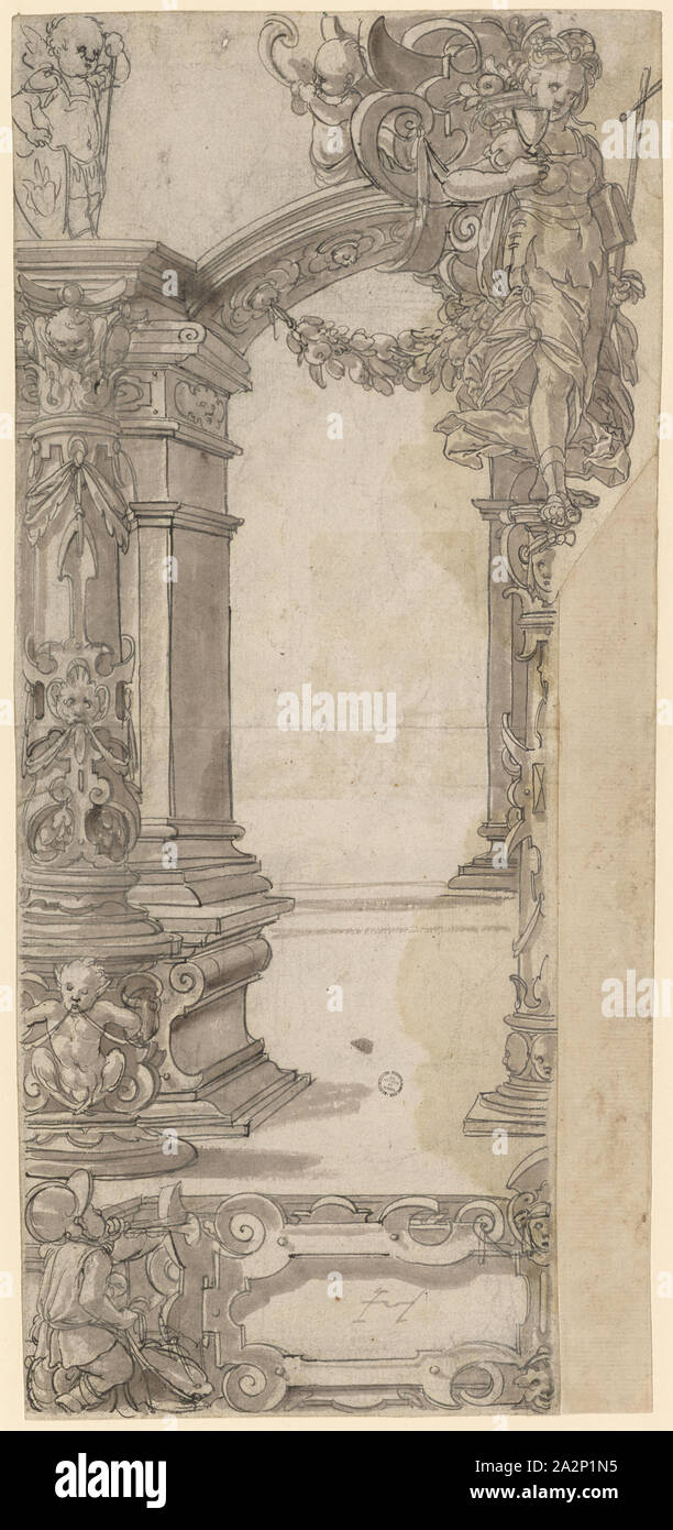 Linke Hälfte einer Disc Knacken im Gespräch mit dem Fidesdienst, um 1575/76, Feder in Schwarz, Pinsel in Grau, gewaschen, bleibt eine erste Zeichnung mit schwarzen Stift, unregelmäßige Ausschneiden, vollständig aufgewickelt, Blatt: 41,3 x 15,8 cm, 19 cm, U. in der, Monogrammed grau Tintenpatrone: H, (0029) Chrom - Fehler://chromewebdata/, Hans Brand, (?), Basel 1552 - 1577/78 (?), Basel Stockfoto