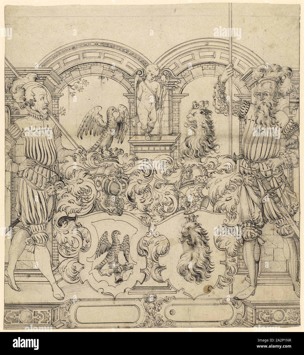 Zerbrochenes Glas mit zwei Schild Telefonzentralen und die Kämme Falkner und Irmi, auf der Mittleren Säule Amor mit Pfeil und Bogen, 1563/64, Feder in Schwarz, Blatt: 42,2 x 38,2 cm / 38,8 cm, Nicht markiert, Jost Amman, Zürich 1539 - 1591 Nürnberg, Ludwig Ringler, (Alternative/alternative Zuschreibung Zuschreibung), Basel 1536-1606 Basel Stockfoto