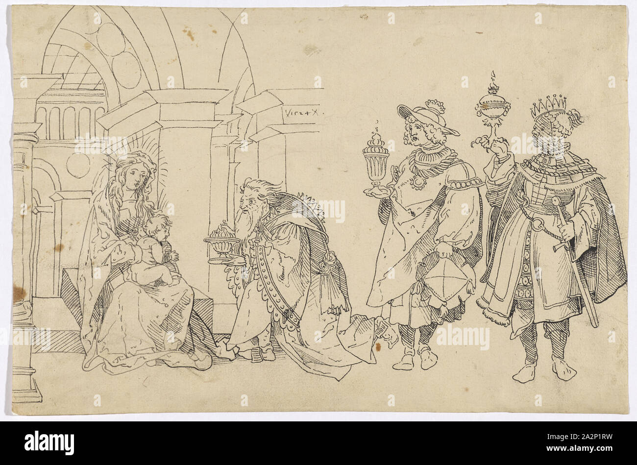 Anbetung der Heiligen Drei Könige unter einem Renaissance Arch, 1524, Feder in Dunkelgrau bis Schwarz, folia: 20,4 x 30,8 cm, in der Darstellung vom: x1524x, Anonym, Schweiz (Basel?), 1524 Stockfoto