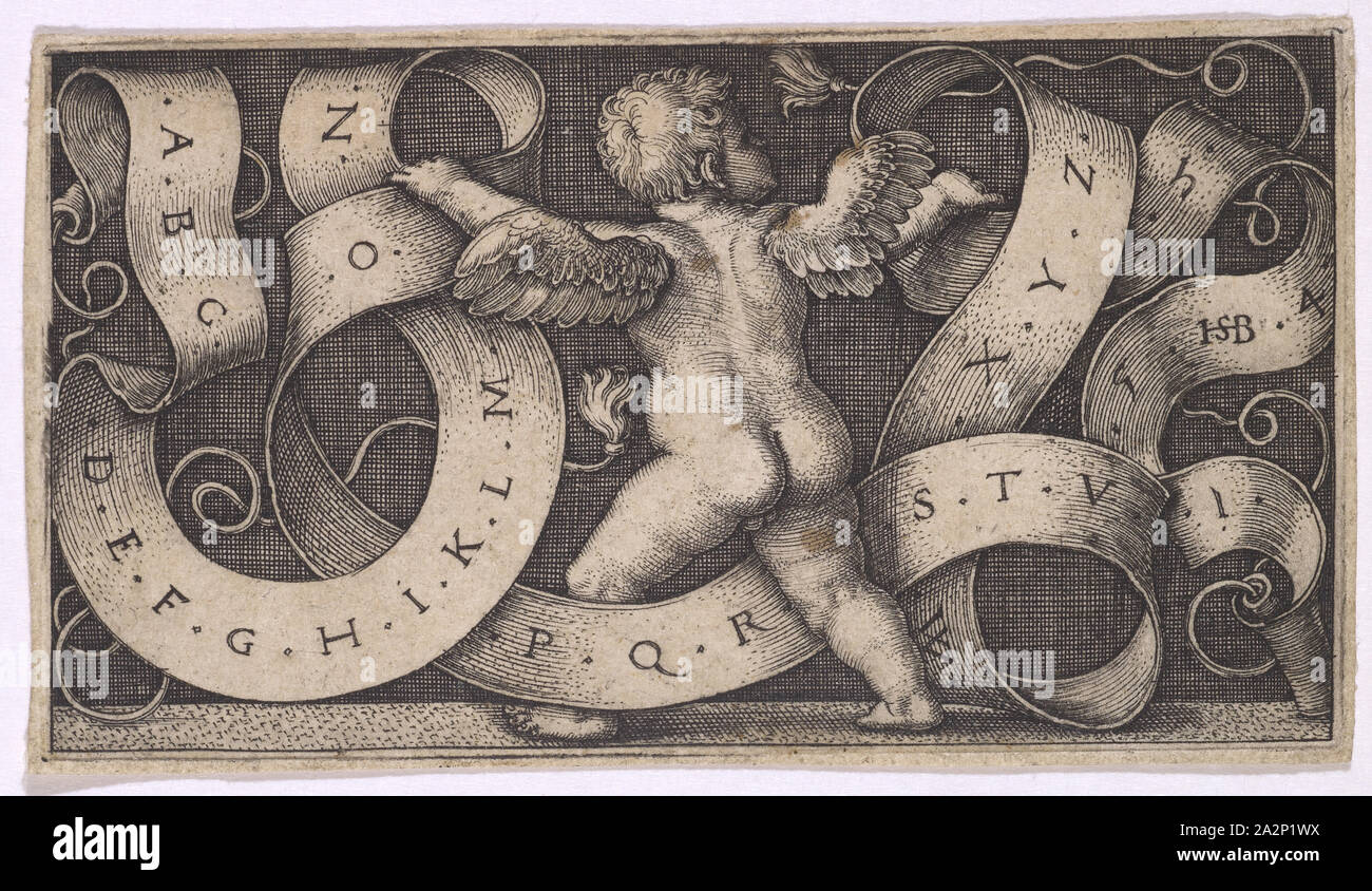 Der Genius mit dem Alphabet, 1542, Kupferstich, Blatt: 4,6 x 8,2 cm |, Platte: 4,3 x 7,8 cm, eingeschrieben, datiert und in dem Banner Monogrammiert:.A.B. C,. D. E. F. G. H. I. J. K. L. M., N., O., S. F.R.S.T.V.,. X.Y.Z.,.1,.5. Die HSB-[ligiert]. 4., 2., Sebald Beham, Nürnberg 1500 - 1550 Frankfurt a.M Stockfoto