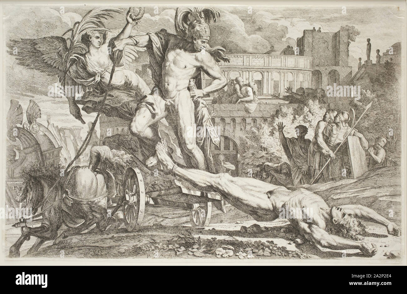 Pietro Testa, Italienisch, 1611-1650, Achilles ziehen den Körper von Hector um die Mauern von Troja, 17. Jahrhundert, das Ätzen und die Gravur in Schwarz auf Bütten gedruckt, Platte: 10 3/8 x 16 3/8 in Stockfoto