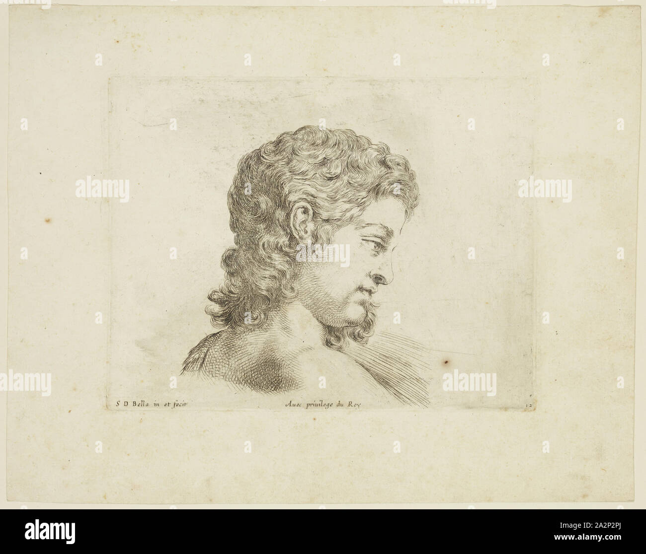 Stefano Della Bella, Italienisch, 1610-1664, Kopf eines jungen Mannes, Profil rechts, Ca. 1641, Radierung in schwarzer Tinte auf Bütten gedruckt, Platte: 4 3/4 x 6 1/8 Inch (12,1 × 15,6 cm Stockfoto