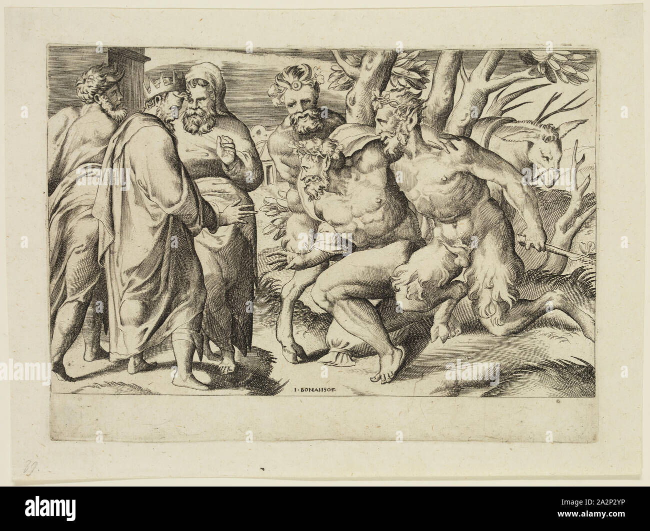 Giulio di Antonio Bonasone, Italienisch, 1498-1580, zwei Satyrn bringen Silen zu König Midas, zwischen 1500 und 1580, Gravur, in schwarzer Tinte auf Bütten gedruckt, Platte: 6 1/4 x 8 5/8 Inch (15,9 × 21,9 cm Stockfoto