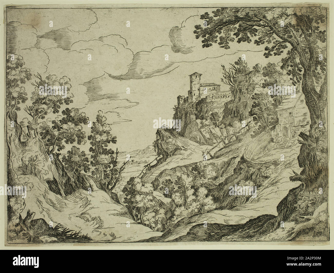 Paul Bril, Niederländischen, 1554-1626, nach Pieter Brueghel der Ältere, Niederländischen, 1525-1569, eine felsige Landschaft, zwischen 1554 und 1626, Radierung in schwarzer Tinte auf Bütten gedruckt, Platte: 6 1/2 x 8 7/8 Zoll (16,5 × 22,5 cm Stockfoto