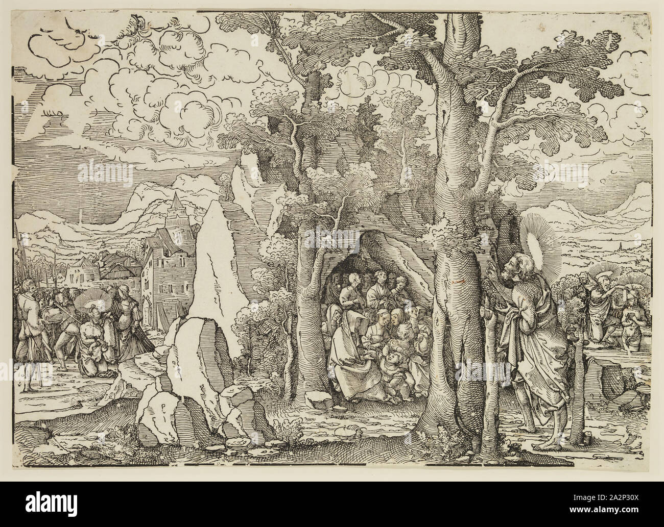 Hans Brosamer, Deutsch, 1500-1552, St. Johannes der Täufer predigte, zwischen 1500 und 1552, Holzschnitt in schwarzer Tinte auf Bütten gedruckt, Blatt (innerhalb der Platte mark getrimmt): 10 5/8 x 15 Zoll (27 × 38,1 cm Stockfoto