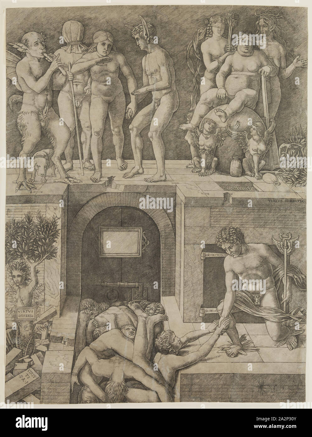 Andrea Zoan, Italienisch, 1475-1505, nach Andrea Mantegna, Italienisch, 1431-1506, Ignoranz und Quecksilber: Allegorie von Tugend und Laster, 16. Jahrhundert, Gravur, in schwarzer Tinte auf Bütten gedruckt, Blatt (innerhalb Plattenrand geschnitten): 21 3/4 x 16 1/4 in. (55,2 x 41,2 cm Stockfoto