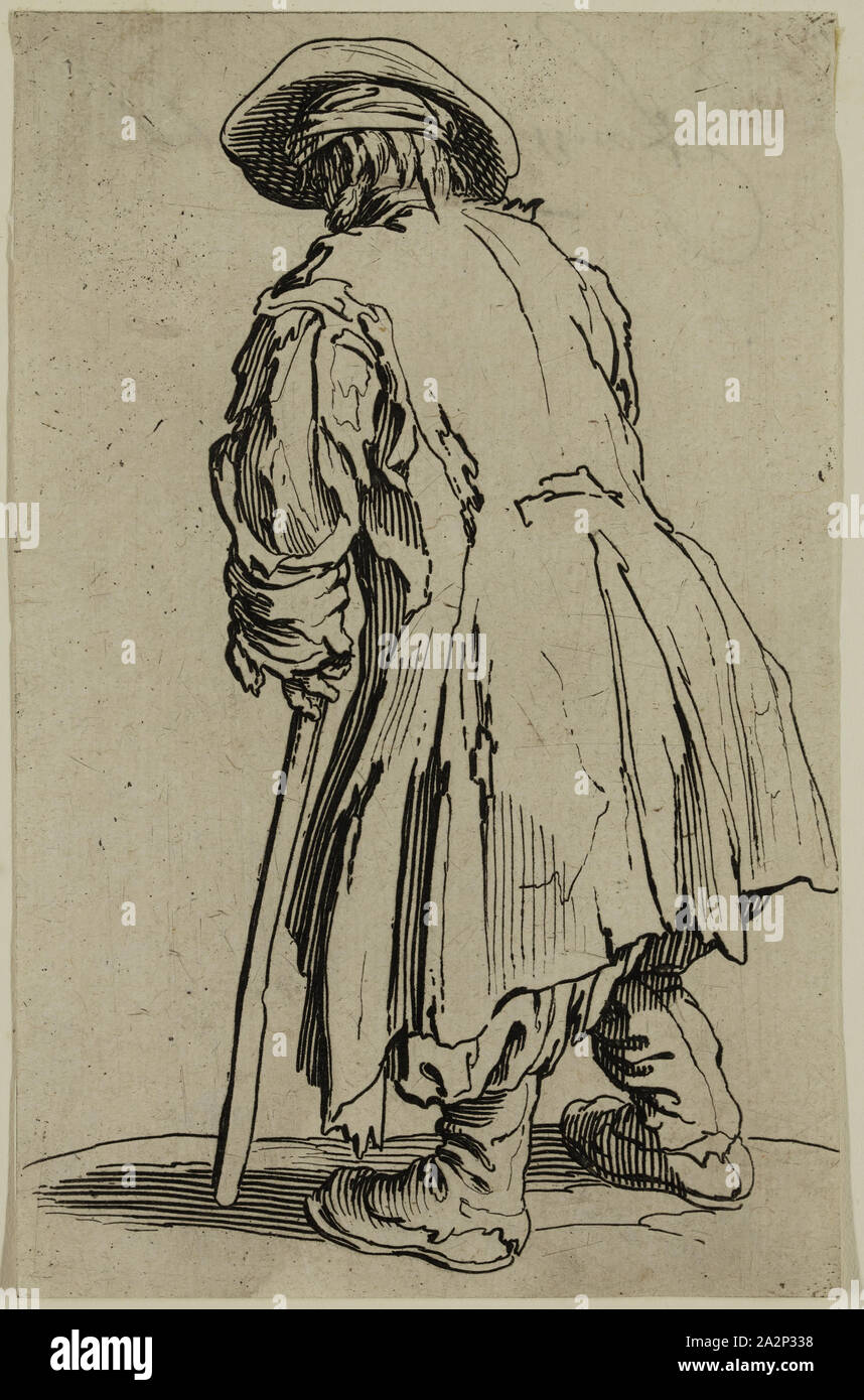 Jacques Callot, Französisch, 1592-1635, Le Vieux mendiant a une Seul bequille, Anfang des 17. Jahrhunderts, Radierung in schwarzer Tinte auf Bütten gedruckt, Blatt (innerhalb der Platte mark getrimmt): 5 3/8 x 3 3/8 Inch (13,7 × 8,6 cm Stockfoto