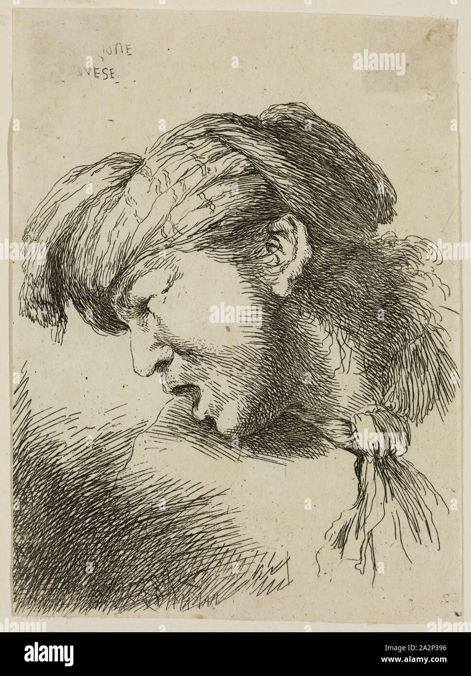 Giovanni Benedetto Castiglione, Italienisch, 1616-1670, Mann, Der Eine  Kleine Turban Und Eine Krawatte Um Den Hals Befestigt, Nach Links, 17.  Jahrhundert, Das Ätzen In Schwarzer Tinte Auf Gewebe Gedruckt, Blatt  (Innerhalb Der