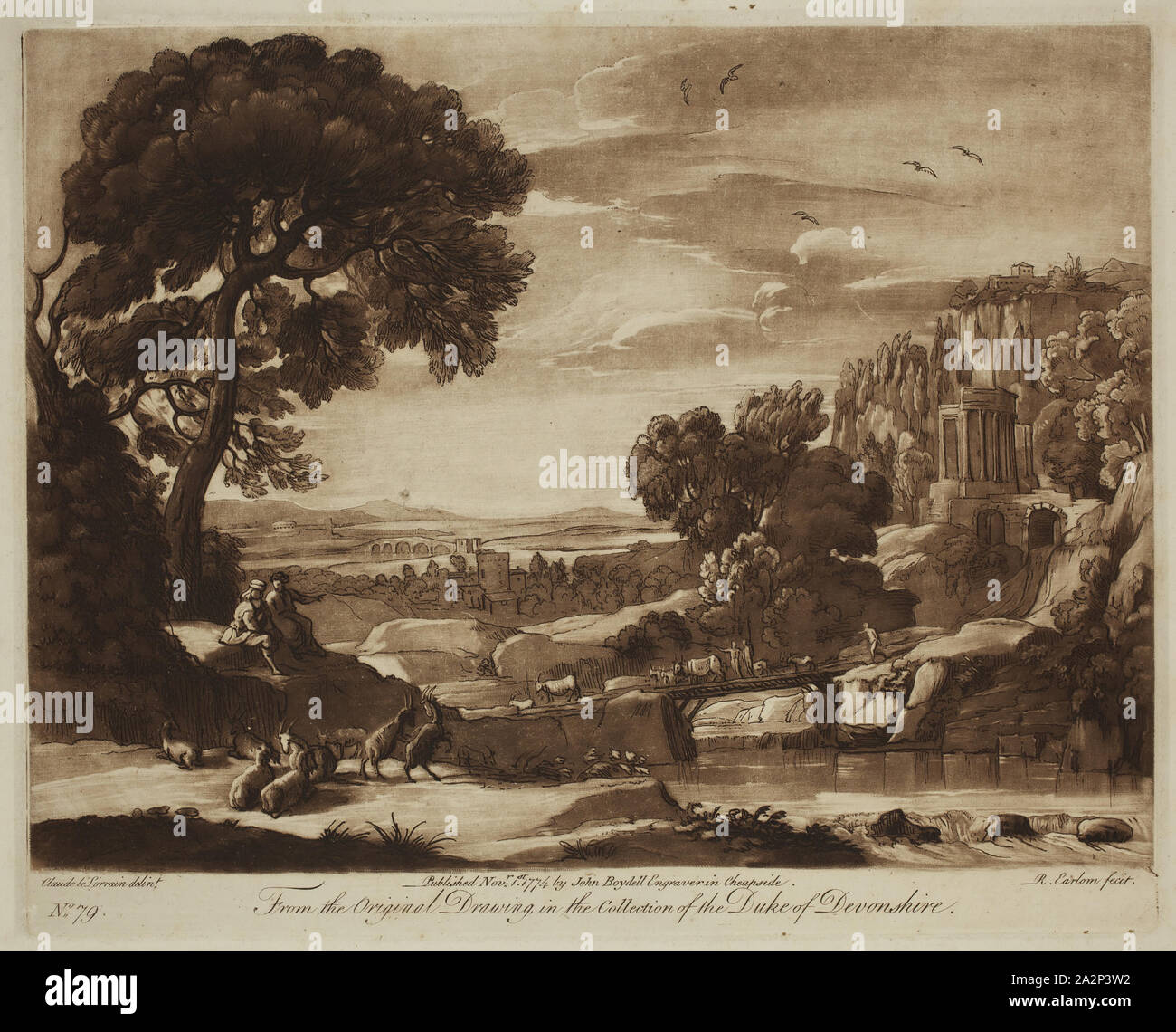 Richard Earlom, Englisch, 1743-1822, nach Claude Gellée, Französisch, 1600-1682, Hirte Spielen auf ein Rohr und eine weibliche Anhören der Musik, Ca. 1774, Radierung und schabkunst in brauner Tinte auf Bütten gedruckt, Platte: 8 1/8 x 10 1/8 Inch (20,6 × 25,7 cm Stockfoto