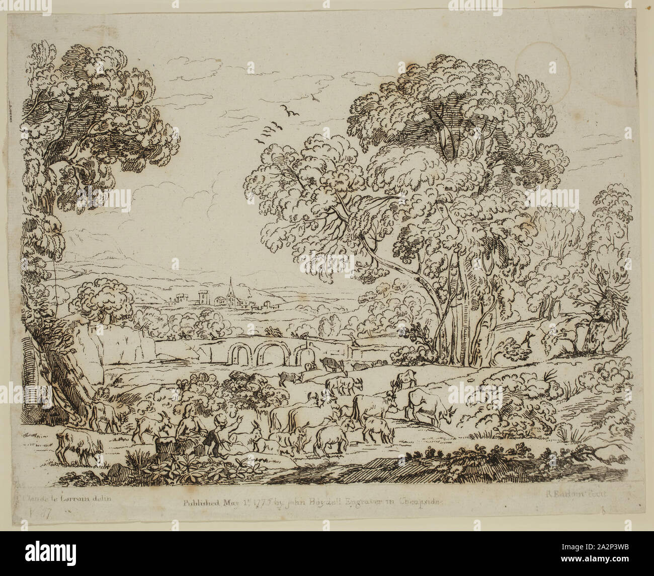 Richard Earlom, Englisch, 1743-1822, nach Claude Gellée, Französisch, 1600-1682, Schäfer und Schäferin Hüten von Vieh, Ca. 1775, Radierung in schwarzer Tinte auf Bütten gedruckt, Blatt (getrimmt Plattenkante): 8 1/8 x 10 1/8 Inch (20,6 × 25,7 cm Stockfoto