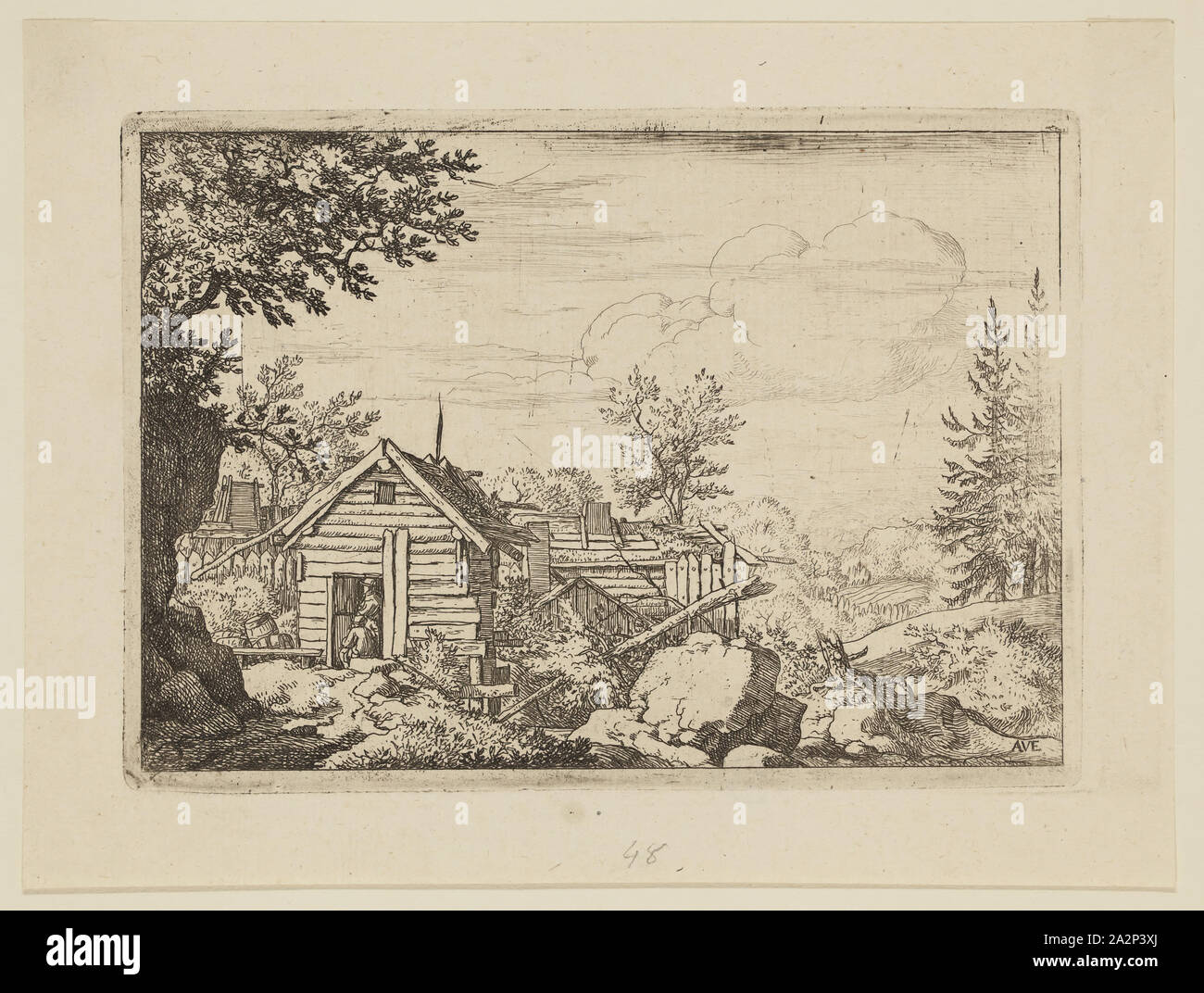 Allart van Everdingen, Niederländisch, 1621-1675, zwei Männer an der Tür, zwischen 1621 und 1675, Radierung in schwarzer Tinte auf Bütten gedruckt, Platte: 4 x 5 5/8 Zoll (10,2 × 14,3 cm Stockfoto