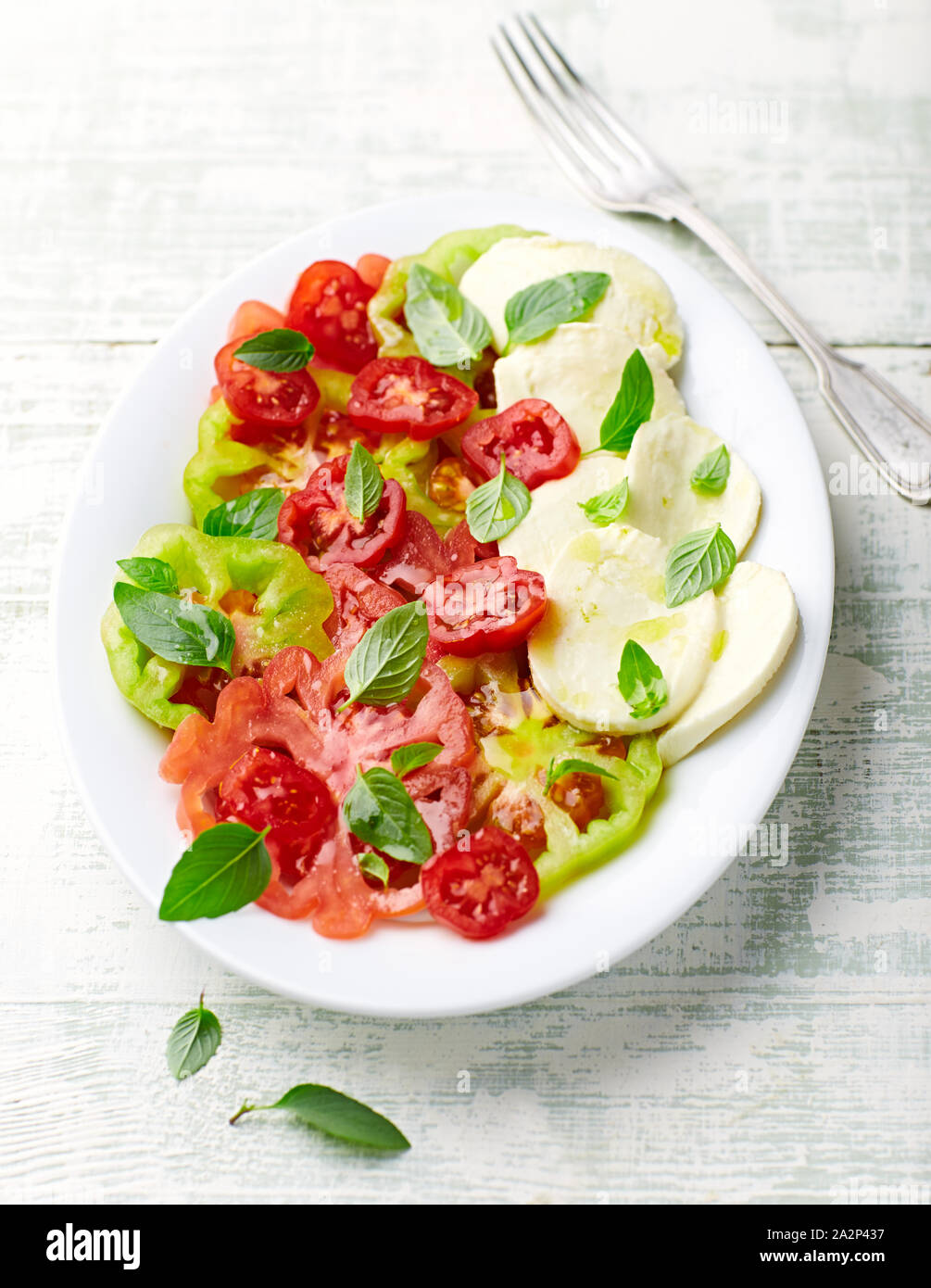 Gemischten Tomatensalat mit Mozzarella und frischem Basilikum. Hausgemachte Speisen. Konzept für eine leckere und gesunde Mahlzeit. Stockfoto