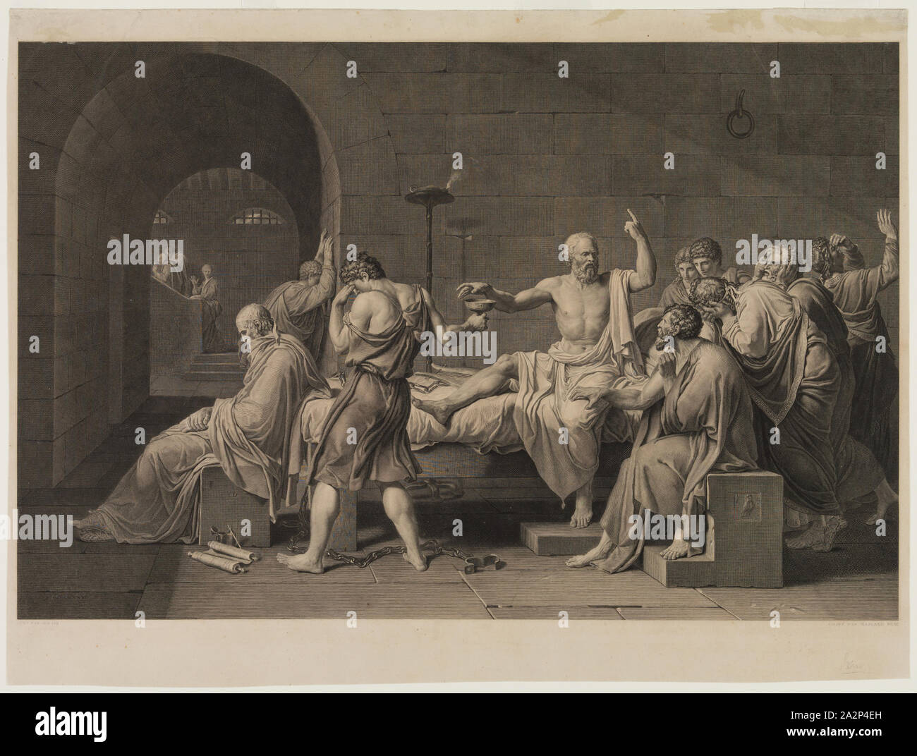 Jean Baptiste Massard, Französisch, 1740-1822, nach Jacques Louis David, Französisch, 1748-1825, Mort de Socrate, zwischen Mitte des 18. und frühen 19. Jahrhundert, Gravur gedruckt in schwarzer Tinte auf Webte Papier, Blatt (innerhalb der Platte mark getrimmt): 20 3/4 x 27 5/8 Inch (52,7 × 70,2 cm Stockfoto