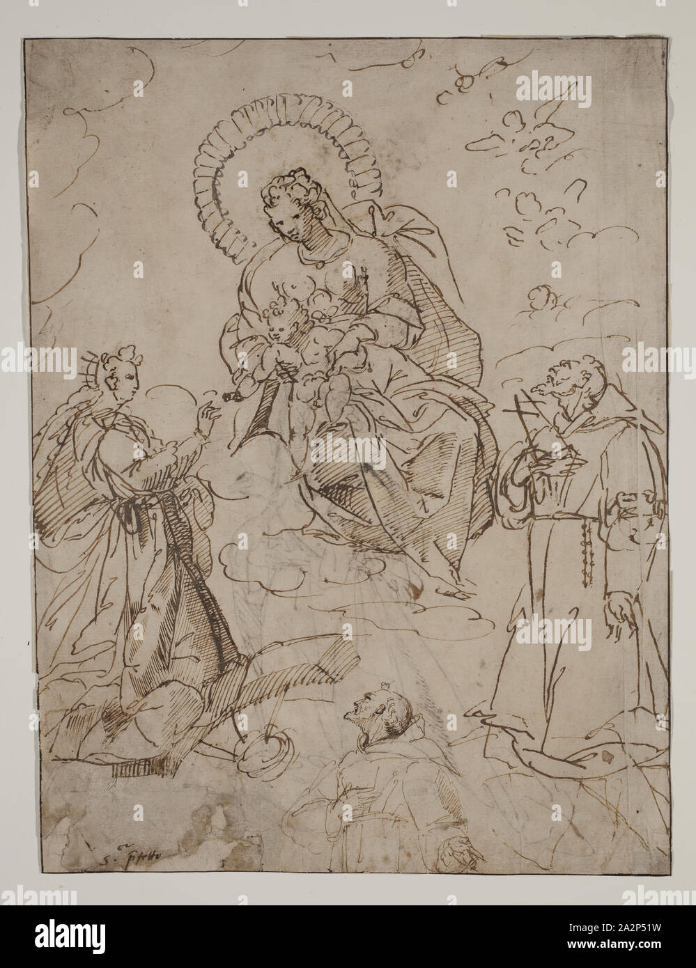 Unbekannt (Italienisch), die mystische Vermählung der Heiligen Katharina von Alexandria mit Franz von Assisi, Ca. 1600, Stift und braune Tusche auf Tan webte Papier, Blatt: 11 7/16 x 8 11/16 Inch (29,1 × 22,1 cm Stockfoto