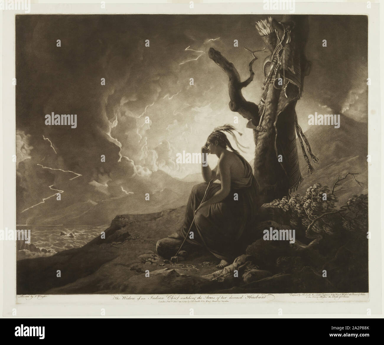 John Raphael Smith, Englisch, 1752-1812, nachdem Joseph Wright von Derby, Englisch, 1734-1797, Witwe eines Indian Chief gerade die Arme an ihren verstorbenen Mann, 1789, schabkunst in brauner Tinte auf Bütten gedruckt, Platte: 17 1/2 x 21 3/4 Inch (44,5 × 55,2 cm Stockfoto