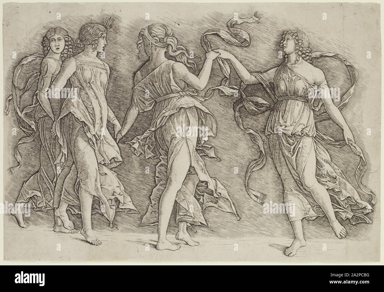 Andrea Zoan, Italienisch, 1475-1505, nach Andrea Mantegna, Italienisch, 1431-1506, vier Frauen tanzen, zwischen 1475 und 1505, Gravur, in schwarzer Tinte auf Bütten gedruckt, Blatt (innerhalb der Platte mark getrimmt): 9 1/4 x 13 1/2 Inch (23,5 × 34,3 cm Stockfoto