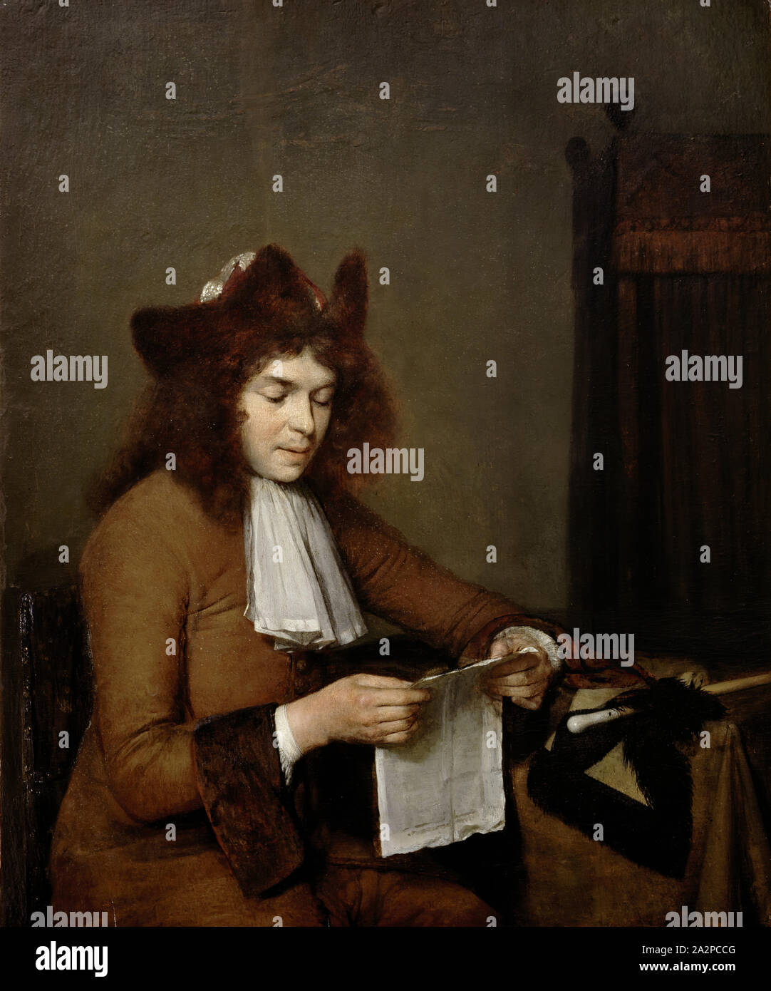 Gerard Ter Borch, Niederländisch, 1617-1681, junger Mann Lesen, Ca. 1680, Öl auf Eichenholz, UNGERAHMT: 15 7/8 x 13 1/2 Inch (40,3 × 34,3 cm Stockfoto