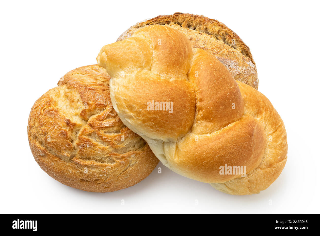 Drei Brötchen auf weißen isoliert. Runde im Landhausstil, geflochten, und Französisch. Stockfoto