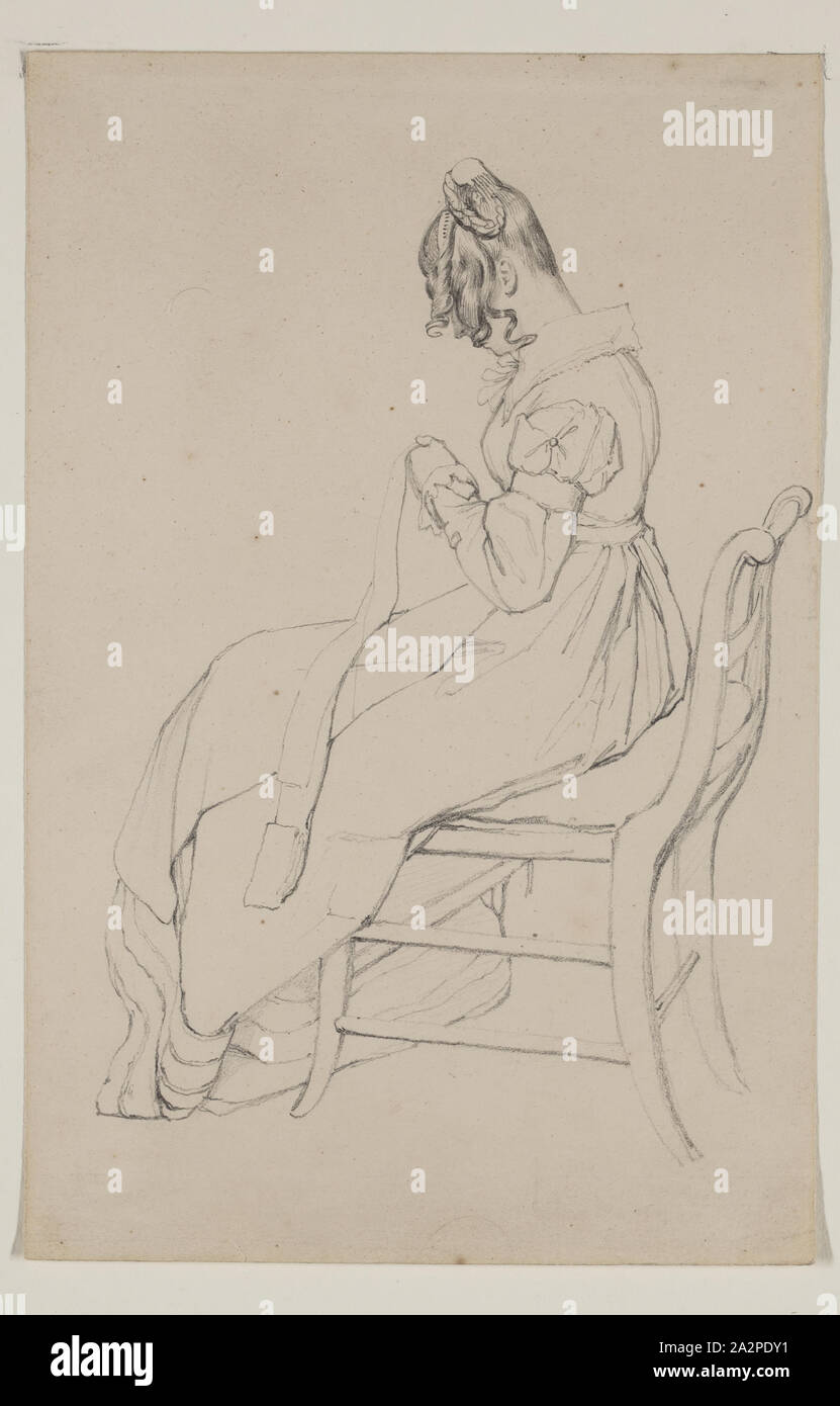 Junge Frau Nähen, zwischen 1800 und 1850, Graphit, Bleistift auf Papier, Blatt Creme wob: 7 1/4 x 4 3/4 Inch (18,4 × 12,1 cm Stockfoto