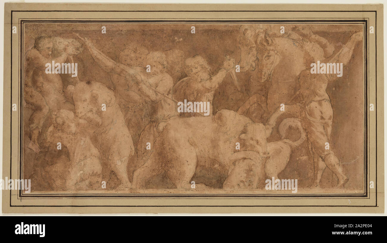 Unbekannt (Italienisch), Bear Hunt, zwischen 1550 und 1600, Pinsel in Braun waschen über schwarz-Chalk underdrawing auf tan-Bütten, Blatt: 8 5/16 x 16 3/4 Zoll (21,1 × 42,5 cm Stockfoto