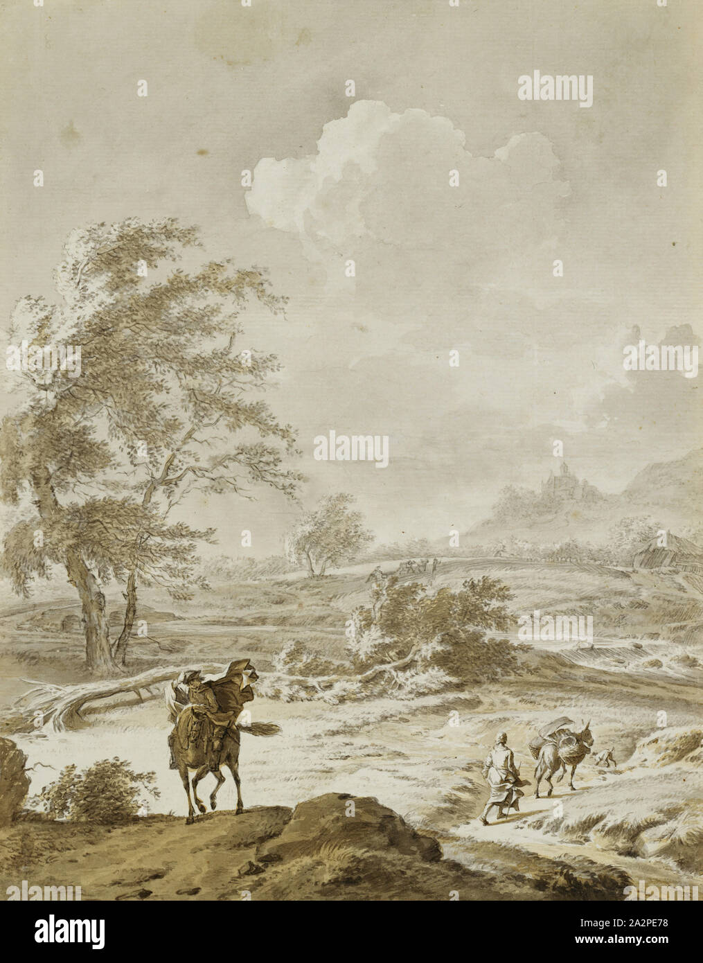 Dirk Maas, Niederländisch, 1659-1717, Landschaft mit Mann auf dem Pferd und Frau führt einen Esel, der zwischen 1659 und 1717, schwarze Kreide und Pinsel in Grau Tinte und Grau und Ocker Waschen auf festem Bütten, Blatt: 11 3/8 x 8 7/8 Inch (28,9 × 22,5 cm Stockfoto