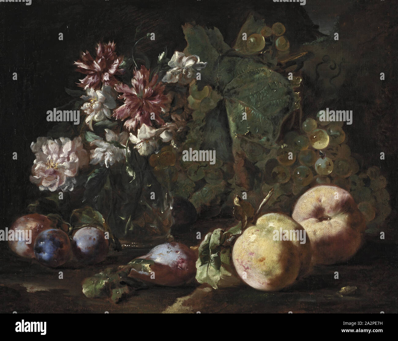 Abraham Brueghel, Flämisch, 1631-1697, Stillleben mit Obst und Blumen, 1670/1680, Öl auf Leinwand, vor der Restaurierung: 14 1/2 x 18 3/8 in Stockfoto