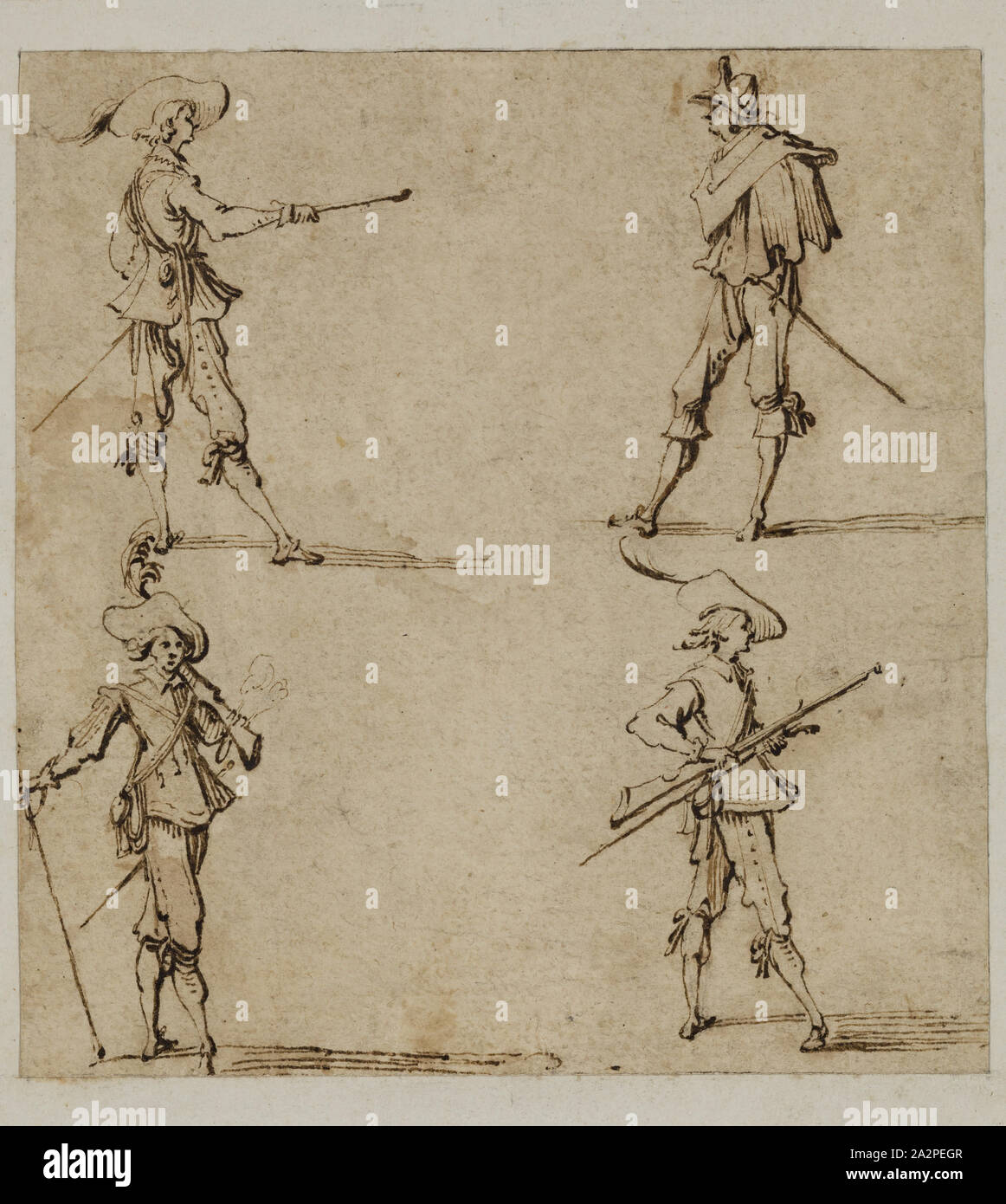 Unbekannt (Französisch), nach Jacques Callot, Französisch, 1592-1635, vier Soldaten, 17. Jahrhundert, Pen und brauner Tinte an den cremefarbenen Papier, Blatt: 4 1/4 x 4 1/16 Zoll (10,8 × 10,3 cm Stockfoto