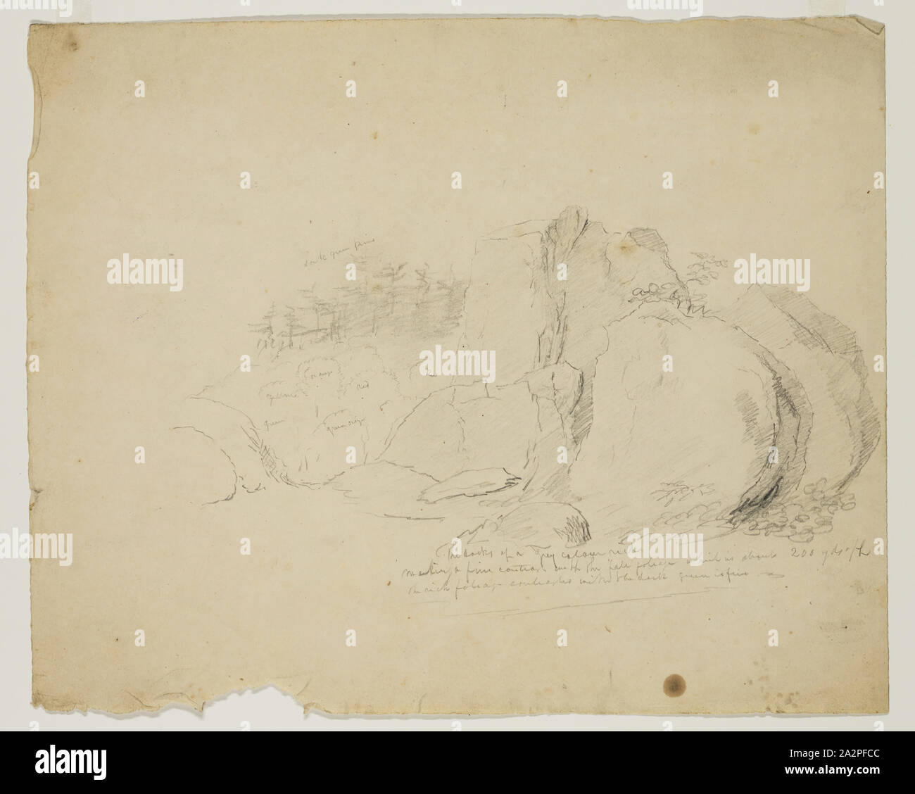Thomas Cole, American, 1801-1848, Felsen mit weit entfernten Bäumen, 19. Jahrhundert, Graphit, Bleistift auf Papier, Blatt tan Webte (unregelmäßig): 9 1/8 x 11 1/4 Inch (23,2 × 28,6 cm Stockfoto