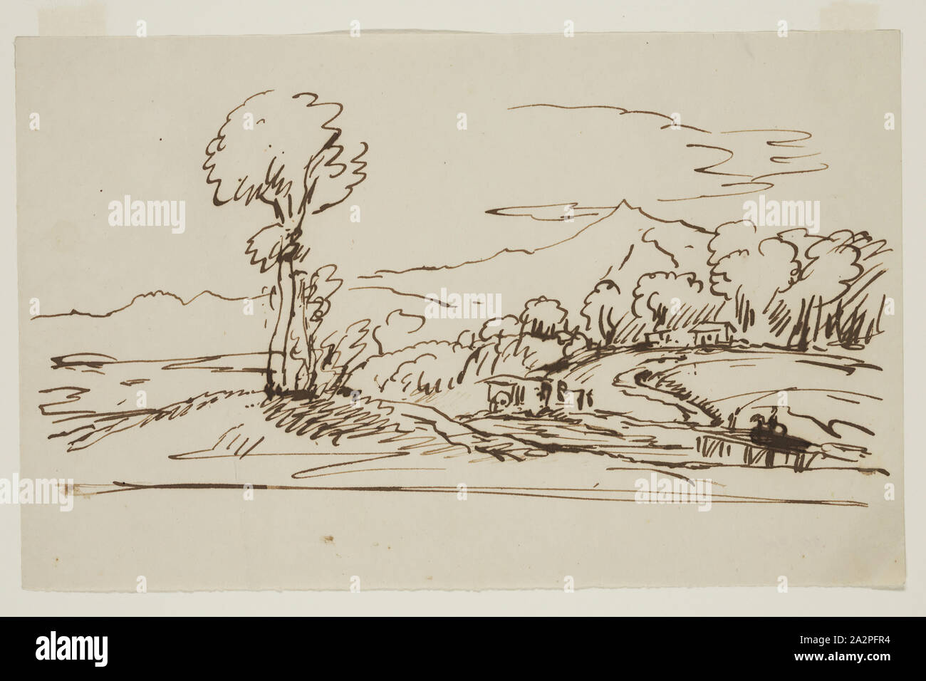 Thomas Cole, American, 1801-1848, Landschaft mit Gebäuden und die Brücke aus dem 19. Jahrhundert, Pen und braune Tusche auf Off-white webte Papier, Blatt: 14 15/16 x 7 7/8 Inch (37,9 × 20 cm Stockfoto