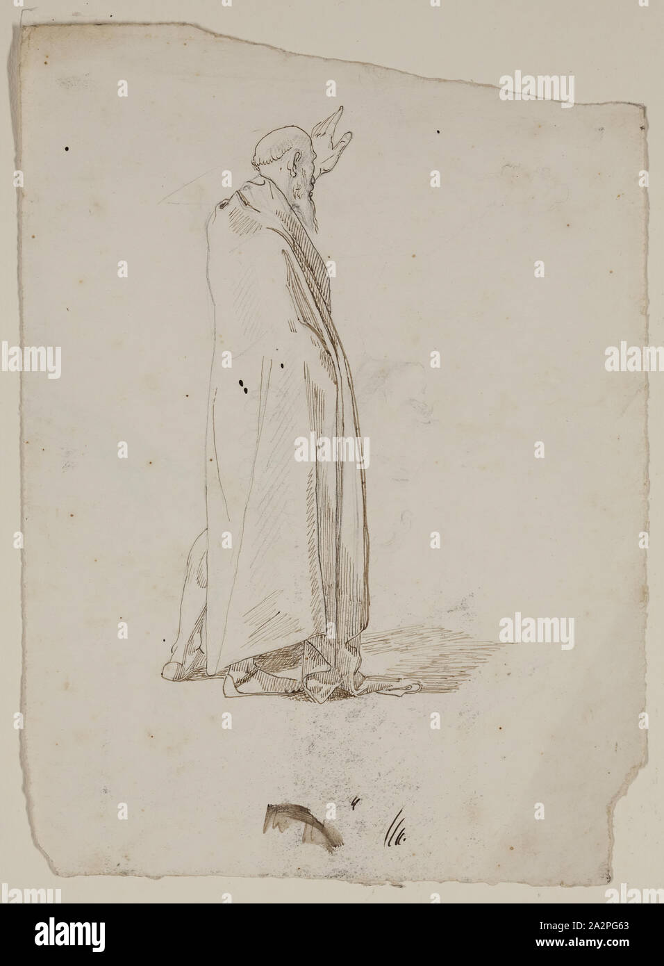 Thomas Cole, American, 1801-1848, Mann in Robe und Sandalen, zwischen 1801 und 1848, Stift und brauner Tinte über Graphit Bleistift auf Off-white webte Papier, Blatt (irreg.): 9 5/8 x 7 Zoll (24,4 × 17,8 cm Stockfoto