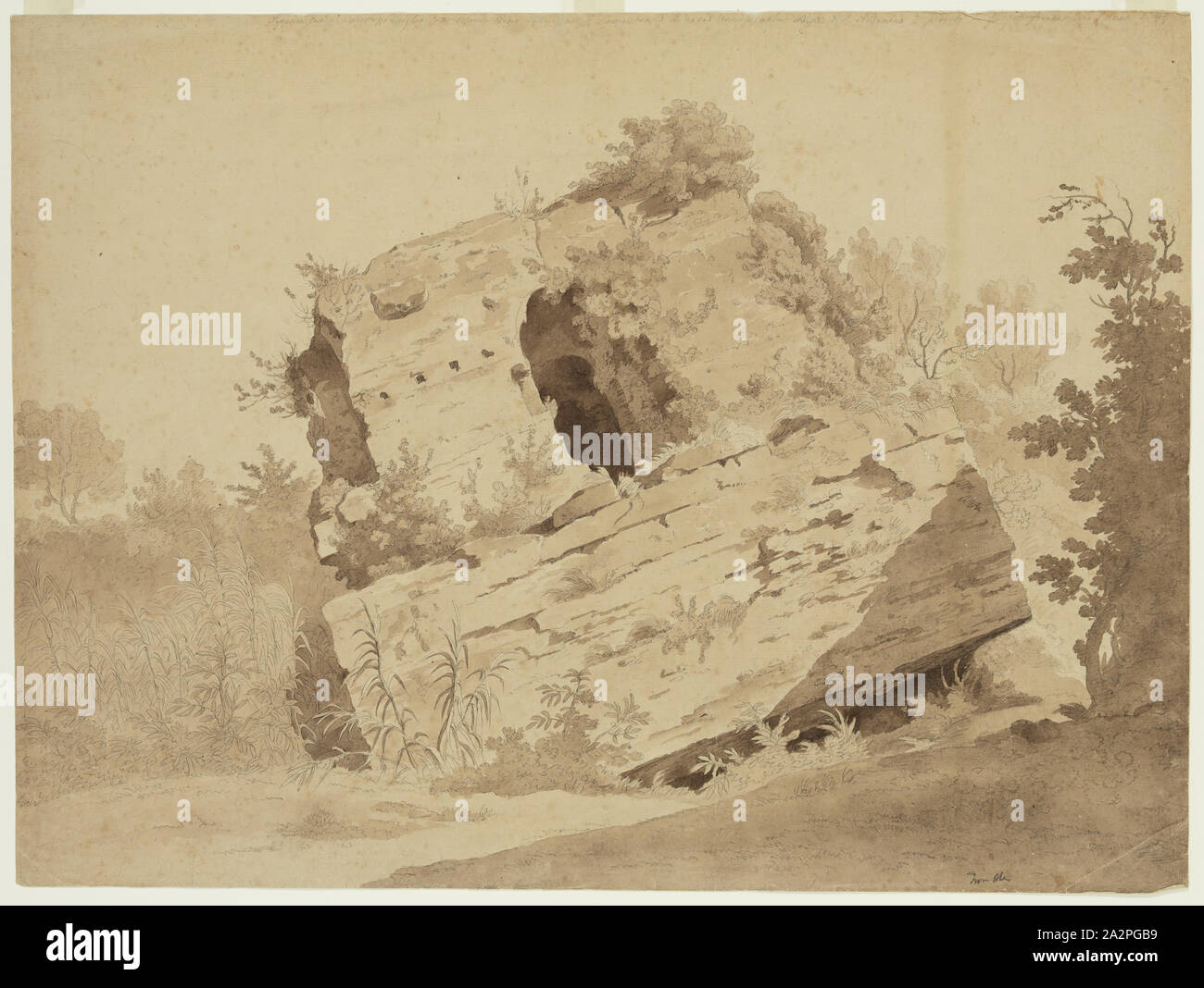 Unbekannt (Italienisch), Gefallen Mauerwerk bedeckt mit Vegetation, C. 1744, Graphit, Bleistift und Waschen auf beige Papier, Blatt: 17 1/4 x 23 in. (43,8 x 58,4 cm Stockfoto