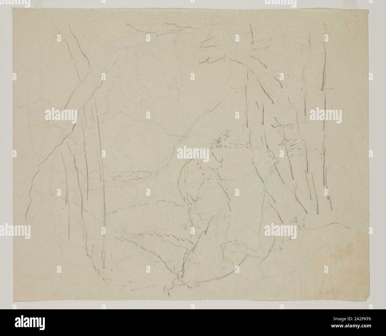 Thomas Cole, American, 1801-1848, Landschaft, 19. Jahrhundert, Graphit, Bleistift auf Papier, Blatt Creme wob: 7 7/8 x 9 5/8 Zoll (20 × 24,4 cm Stockfoto
