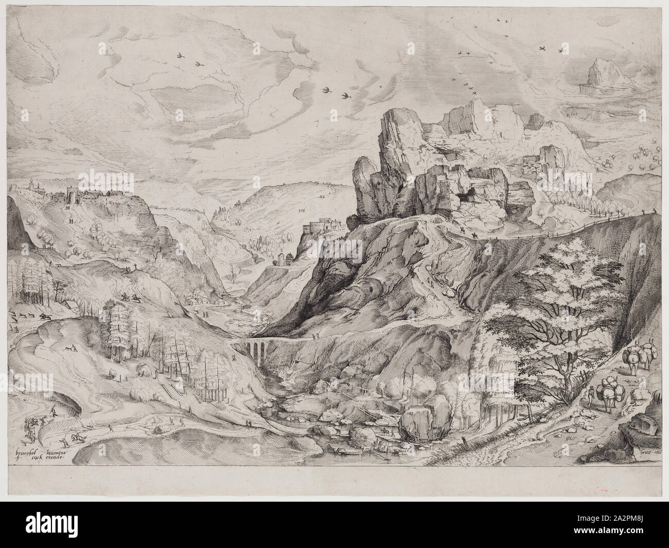 Jan Duetecum, Niederländisch, nach Pieter Brueghel der Ältere, Niederländischen, 1525-1569, alpine Landschaft mit tiefen Tal, C. 1555, Radierung und Gravur in Schwarz auf Bütten gedruckt, Blatt (innerhalb der Platte mark getrimmt Stockfoto