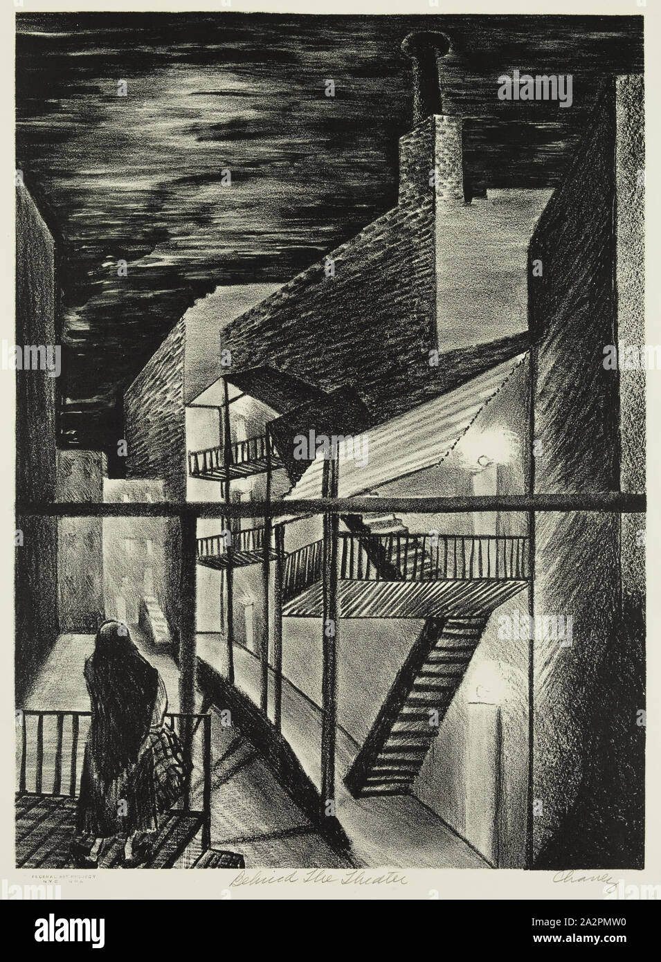 Ruth Chaney, American, 1908-1973, hinter dem Theater, Ca. 1937, Lithographie in schwarzer Tinte auf Papier ausgedruckt, webten Bild: 14 7/8 x 10 7/8 Inch (37,8 × 27,6 cm Stockfoto