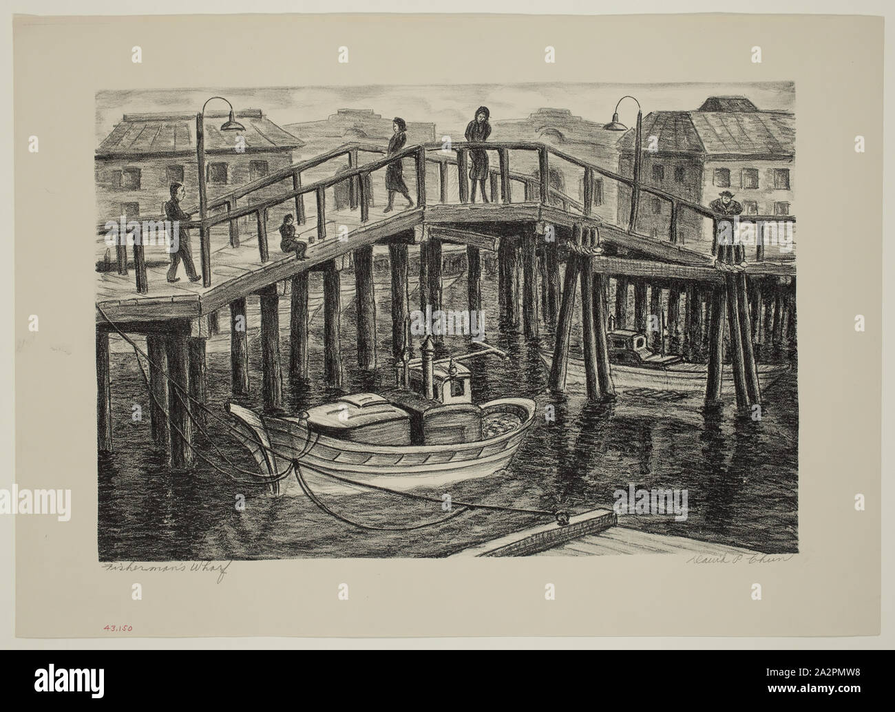 David S. Chun, American, 1898-1989, Fisherman's Wharf, zwischen 1934 und 1943, Lithographie in schwarzer Tinte auf Papier ausgedruckt, webten Bild: 9 1/2 x 14 1/8 Inch (24,1 × 35,9 cm Stockfoto