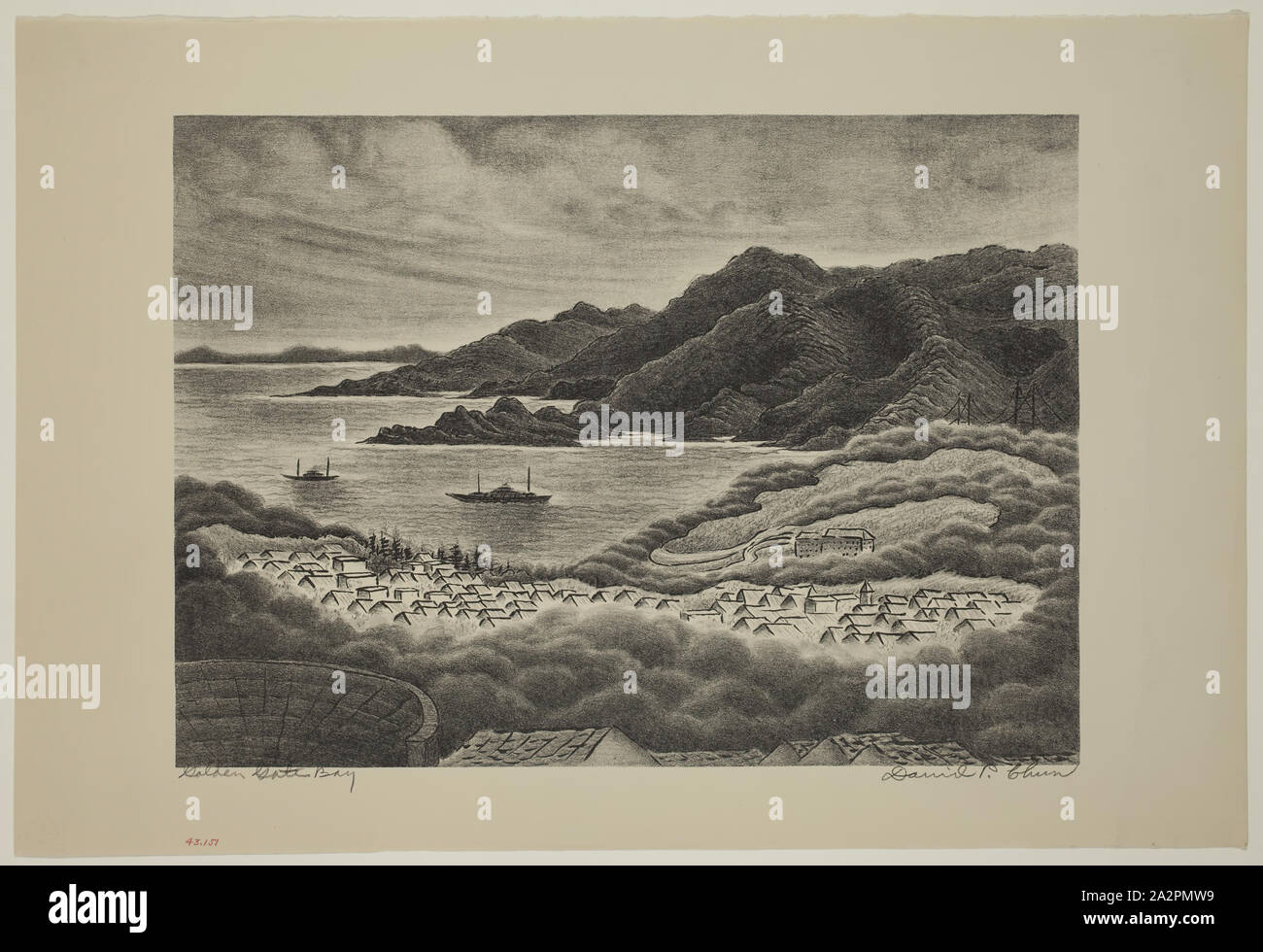 David S. Chun, American, 1898-1989, Golden Gate Bucht, zwischen 1934 und 1943, Lithographie in schwarzer Tinte auf Papier ausgedruckt, webten Bild: 10 x 13 7/8 Zoll (25,4 × 35,2 cm Stockfoto