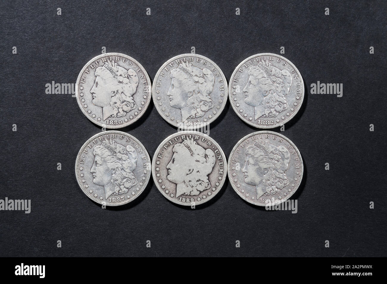 Sechs (6) Morgan Silver Dollar in den "guten" Zustand, Anzeigen auf der Vorderseite (Köpfen) Seiten. Sie wurden von George T. Morgan entworfen. Stockfoto