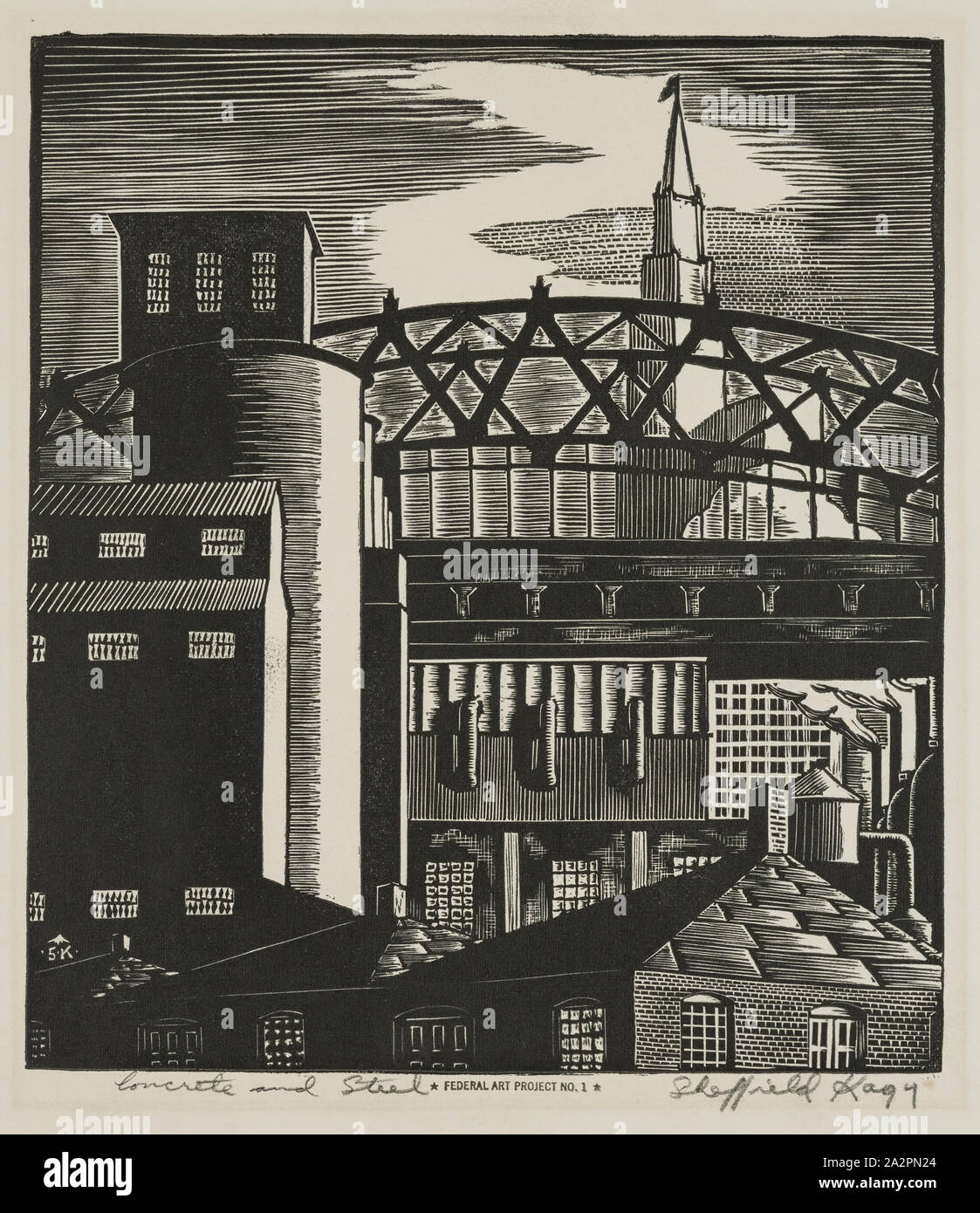 Sheffield Harold Kagy, American, 1907-1989, Beton und Stahl, 1936, Linoleum cut in schwarzer Tinte auf Bütten gedruckt, Bild: 8 1/2 x 7 1/2 Inch (21,6 × 19,1 cm Stockfoto