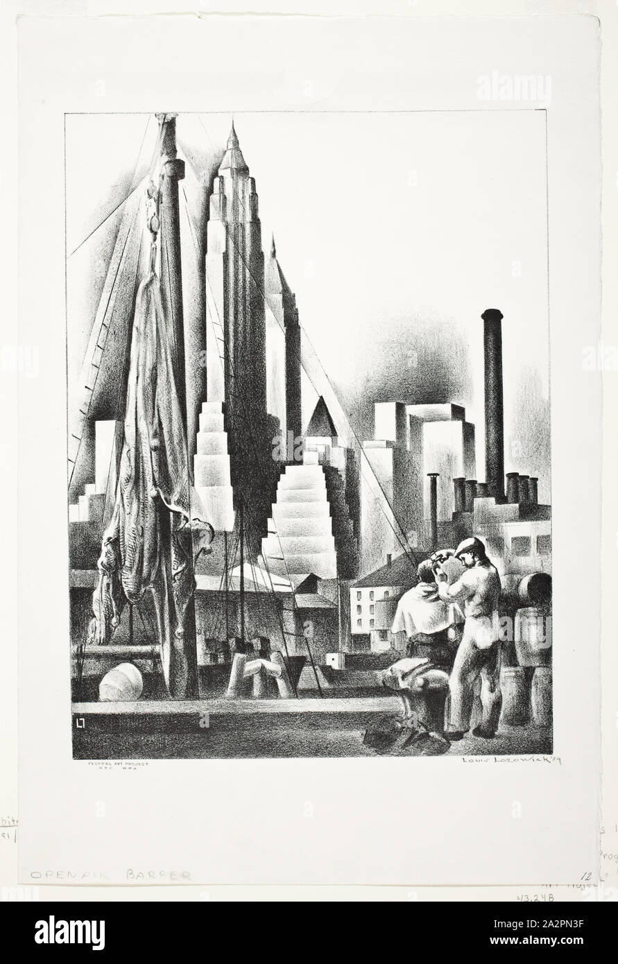 Louis Lozowick, American, 1892-1973, Open Air Friseur, 1939, Lithographie, mit schwarzer Tinte auf weißem Papier gedruckten webten, 11 7/8 x 8 7/8 Inch (30,2 × 22,5 cm Stockfoto