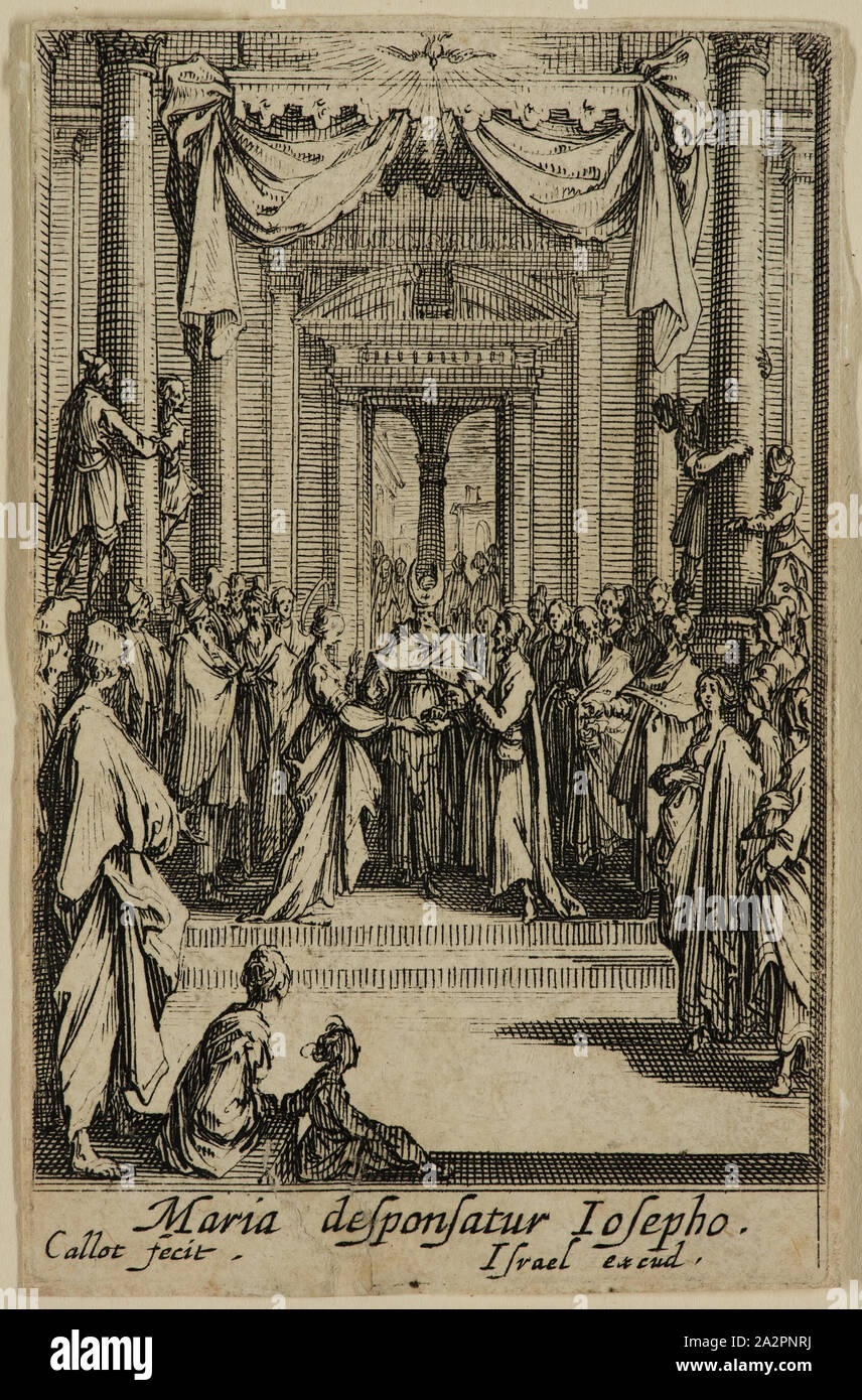 Jacques Callot, Französisch, 1592-1635, Marie epouse Joseph, Anfang des 17. Jahrhunderts, Radierung in schwarzer Tinte auf Bütten gedruckt, Blatt (innerhalb der Platte mark getrimmt): 2 3/4 x 1 3/4 Zoll (7 × 4,4 cm Stockfoto