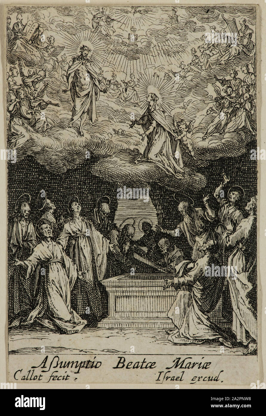 Jacques Callot, Französisch, 1592-1635, Assomption de la Sainte Vierge, Anfang des 17. Jahrhunderts, Radierung in schwarzer Tinte auf Bütten gedruckt, Blatt (innerhalb der Platte mark getrimmt): 2 3/4 x 1 3/4 Zoll (7 × 4,4 cm Stockfoto