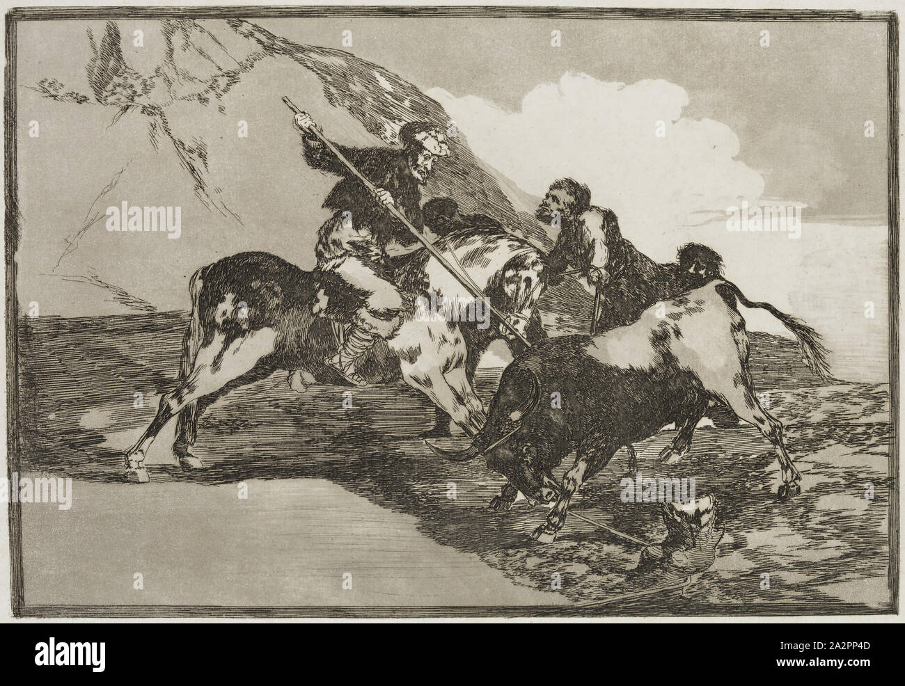 Francisco Goya, Spanisch, 1746-1828, die Art und Weise, in der die Alten Spanier jagten Bullen auf dem Pferd im offenen Land, 1816, Radierung, brüniert Aquatinta und Kaltnadel in brauner Tinte auf Bütten gedruckt, Platte: 9 7/8 x 13 7/8 Inch (25,1 × 35,2 cm Stockfoto