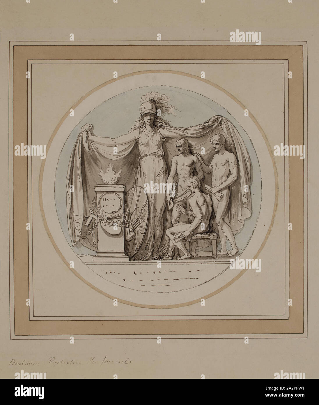 Benjamin West, American, 1738-1820, Britannia Schutz der Bildenden Kunst, zwischen 18. und 19. Jahrhunderts, Feder und Tinte und waschen über Graphit Bleistift auf Papier, Blatt (Durchmesser): 6 15/16 Zoll (17,6 cm Stockfoto